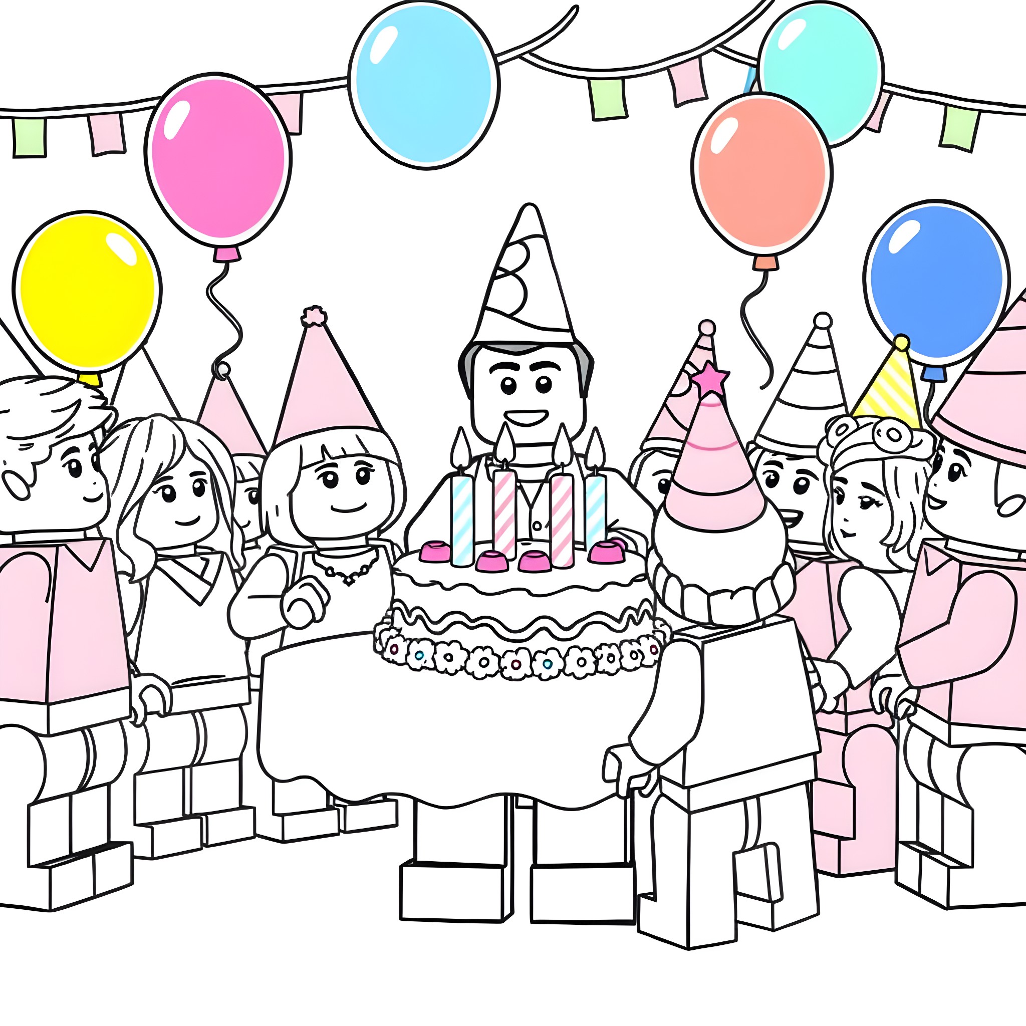LEGO Minifigures celebrating a birthday party Coloring Page (free black-and-white line drawing printable PDF for all, from beginners to advanced learners, including children, teens, adults, and seniors)