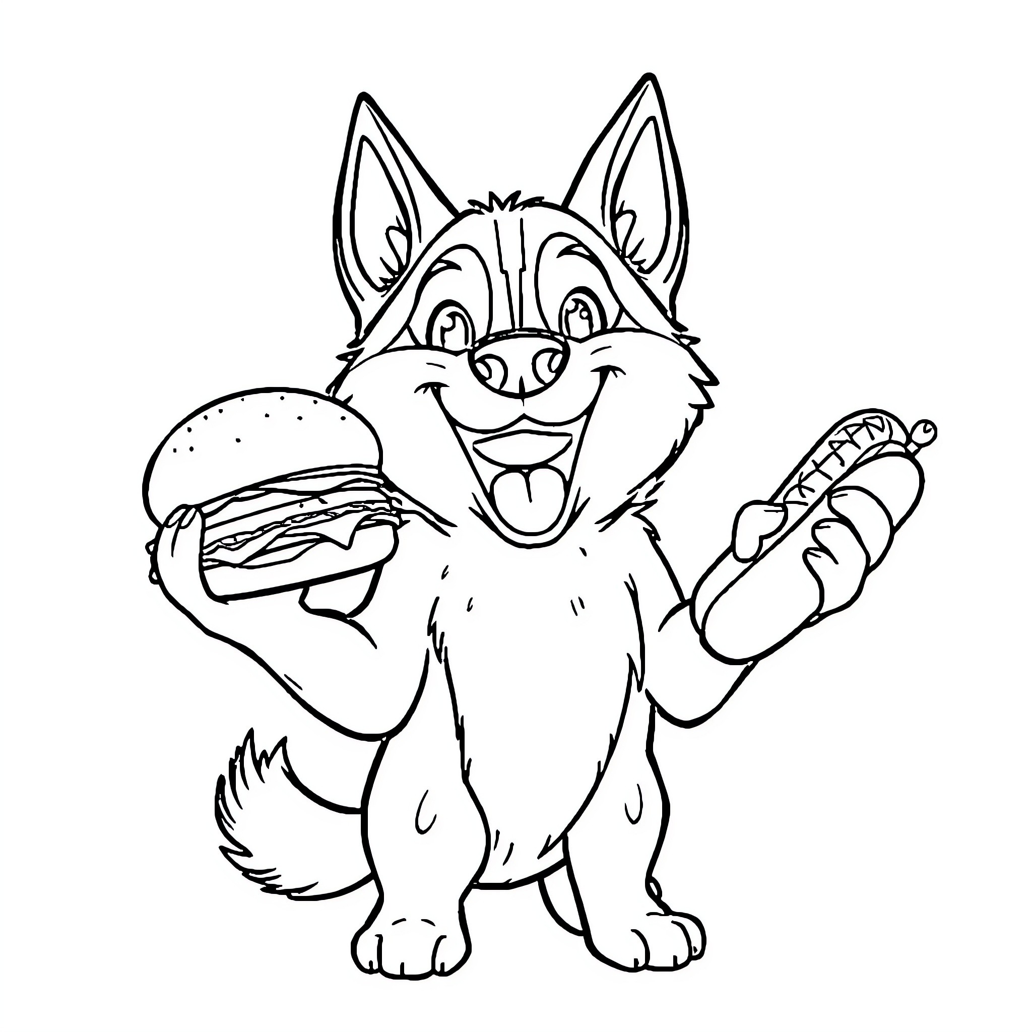 Husky Happily Enjoying a Burger Coloring Page (free black-and-white line drawing printable PDF for all, from beginners to advanced learners, including children, teens, adults, and seniors)