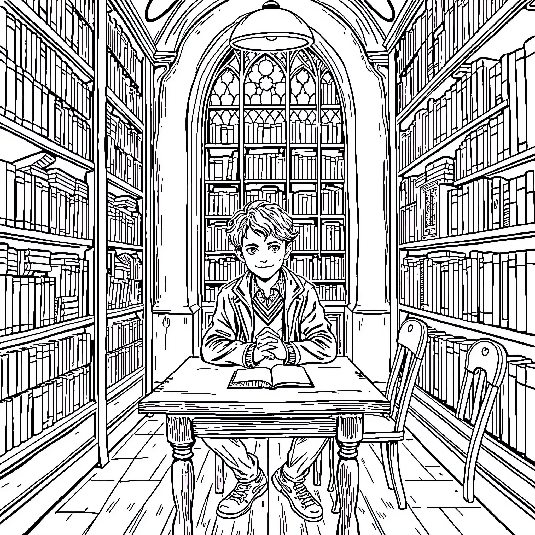 Hermione Granger studying intently in the library Coloring Page (free black-and-white line drawing printable PDF for all, from beginners to advanced learners, including children, teens, adults, and seniors)