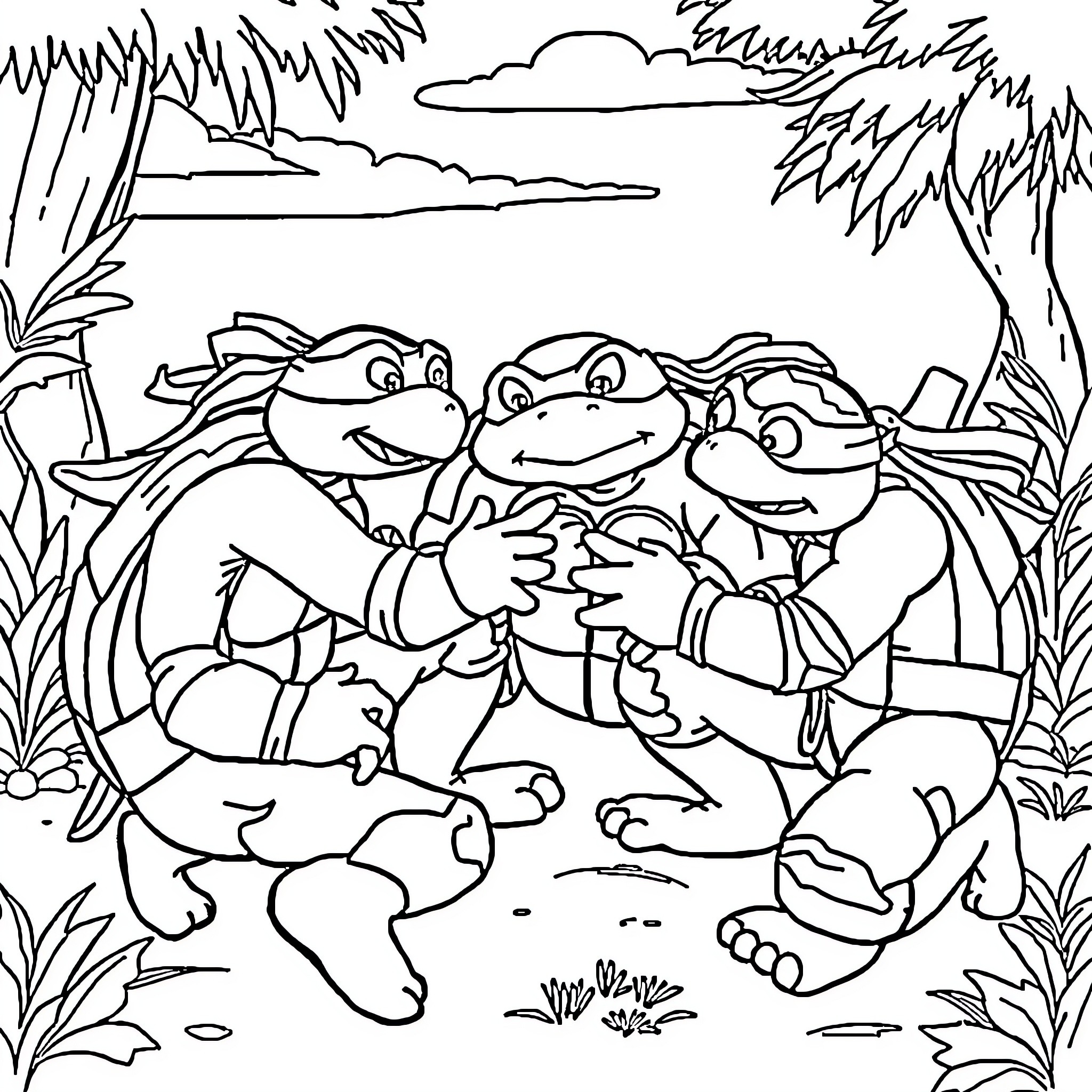 Turtle Friends Enjoying Nature Coloring Page (free black-and-white line drawing printable PDF for all, from beginners to advanced learners, including children, teens, adults, and seniors)