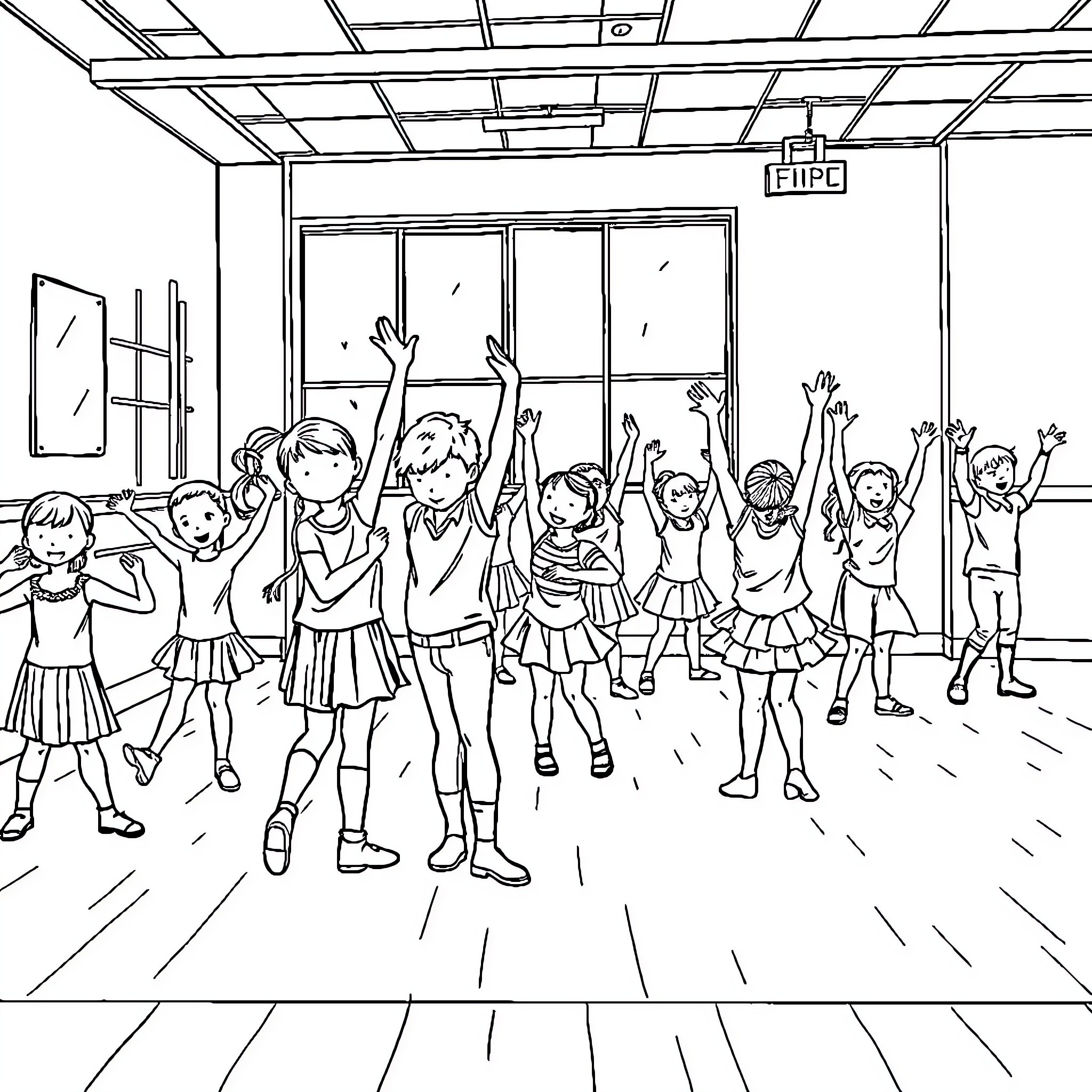 Dance recital in the studio with joyful young performers Coloring Page (free black-and-white line drawing printable PDF for all, from beginners to advanced learners, including children, teens, adults, and seniors)
