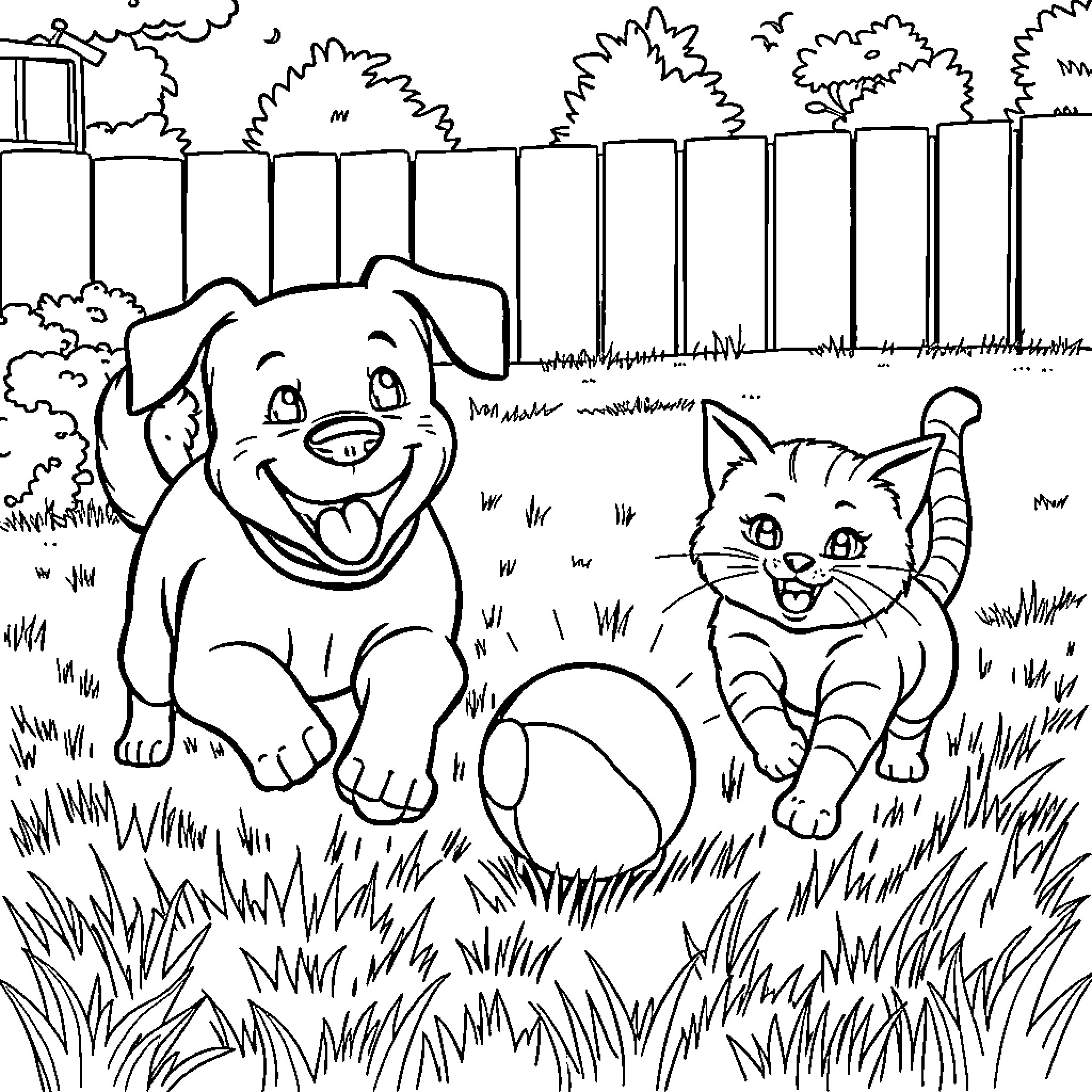 Dog and Cat Playing Happily in the Yard Coloring Page (free black-and-white line drawing printable PDF for all, from beginners to advanced learners, including children, teens, adults, and seniors)