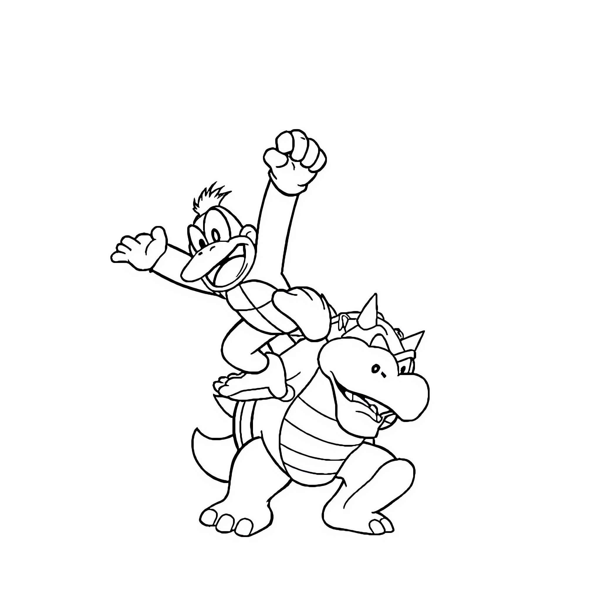 Diddy Kong riding on Donkey Kong's back Coloring Page (free black-and-white line drawing printable PDF for all, from beginners to advanced learners, including children, teens, adults, and seniors)