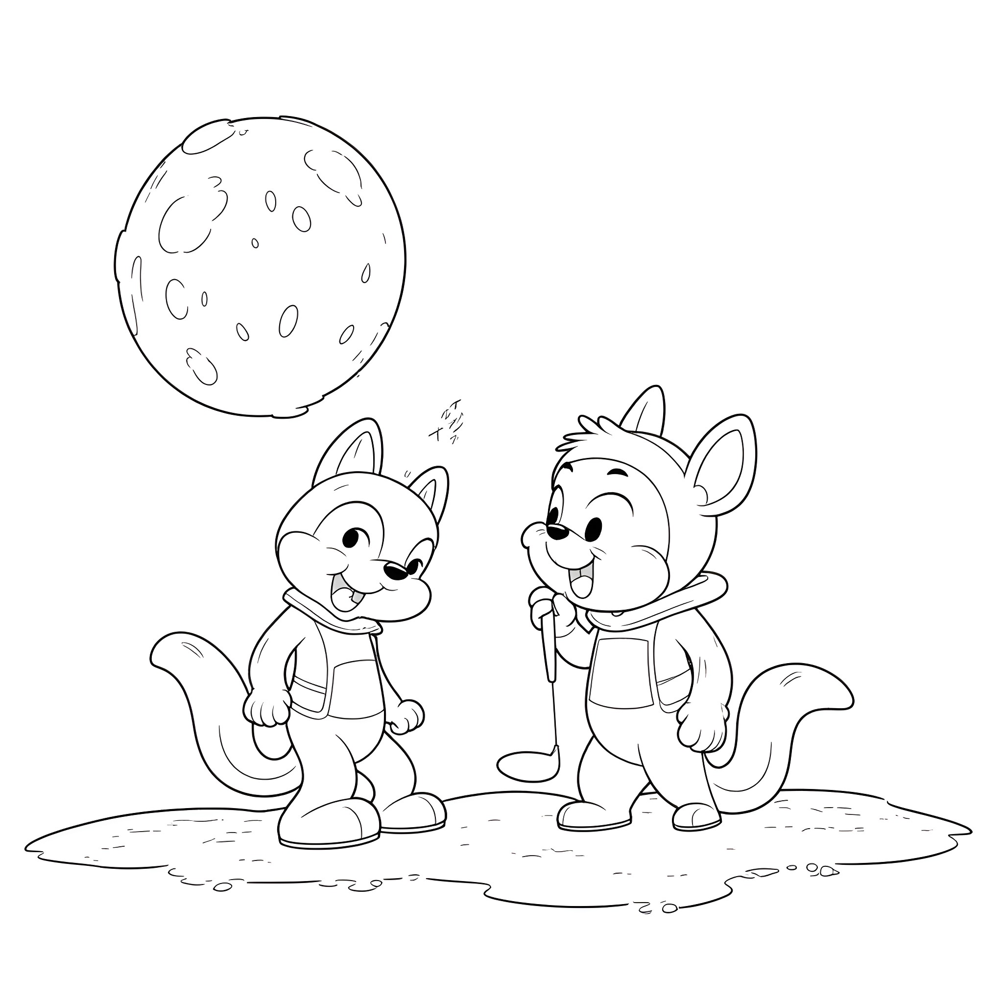 Chip's Moonlit Adventure with Friendly Squirrels Coloring Page (free black-and-white line drawing printable PDF for all, from beginners to advanced learners, including children, teens, adults, and seniors)