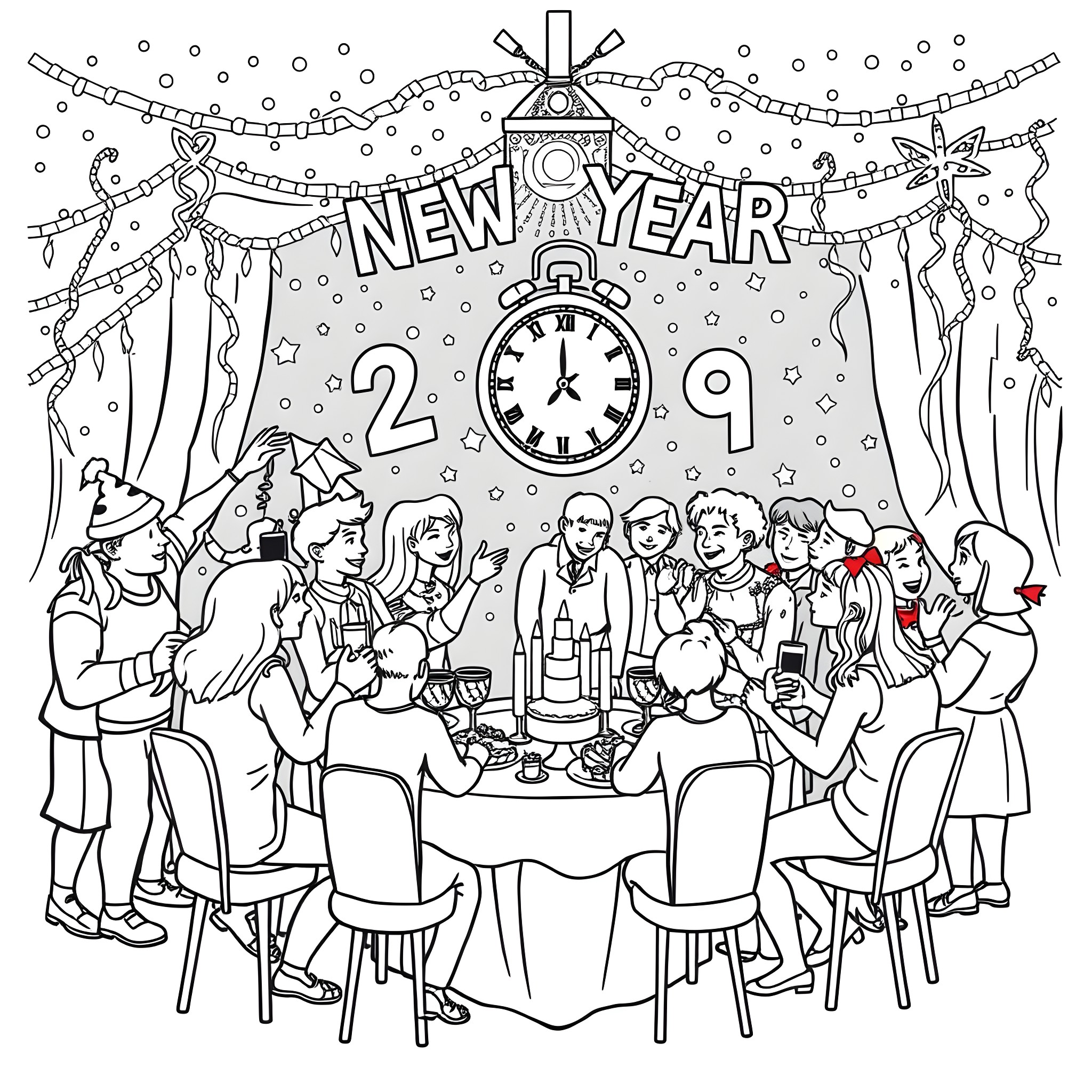 New Year Celebration Party with Decorations Coloring Page (free black-and-white line drawing printable PDF for all, from beginners to advanced learners, including children, teens, adults, and seniors)