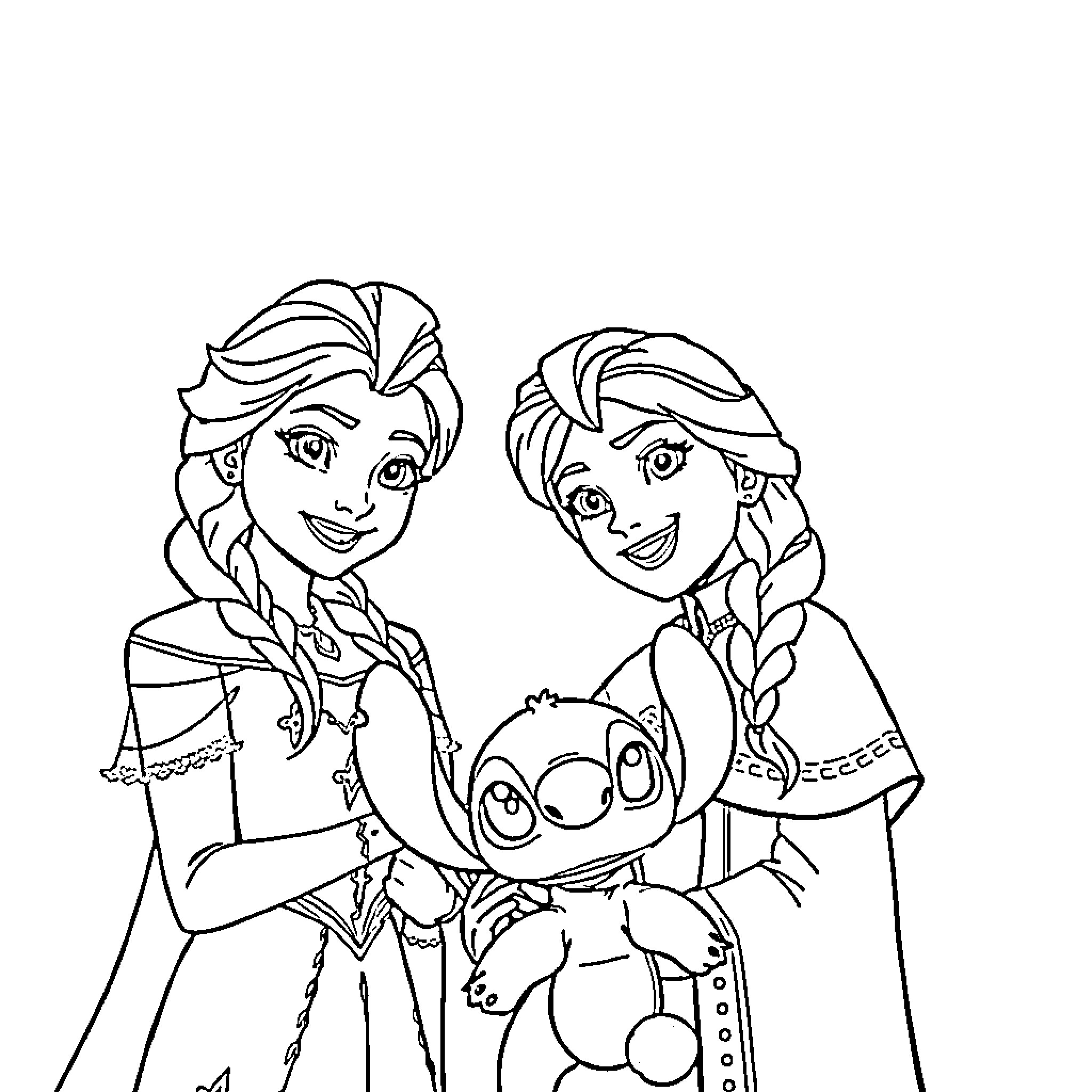 Elsa and Anna's Winter Adventure with Stitch Coloring Page (free black-and-white line drawing printable PDF for all, from beginners to advanced learners, including children, teens, adults, and seniors)