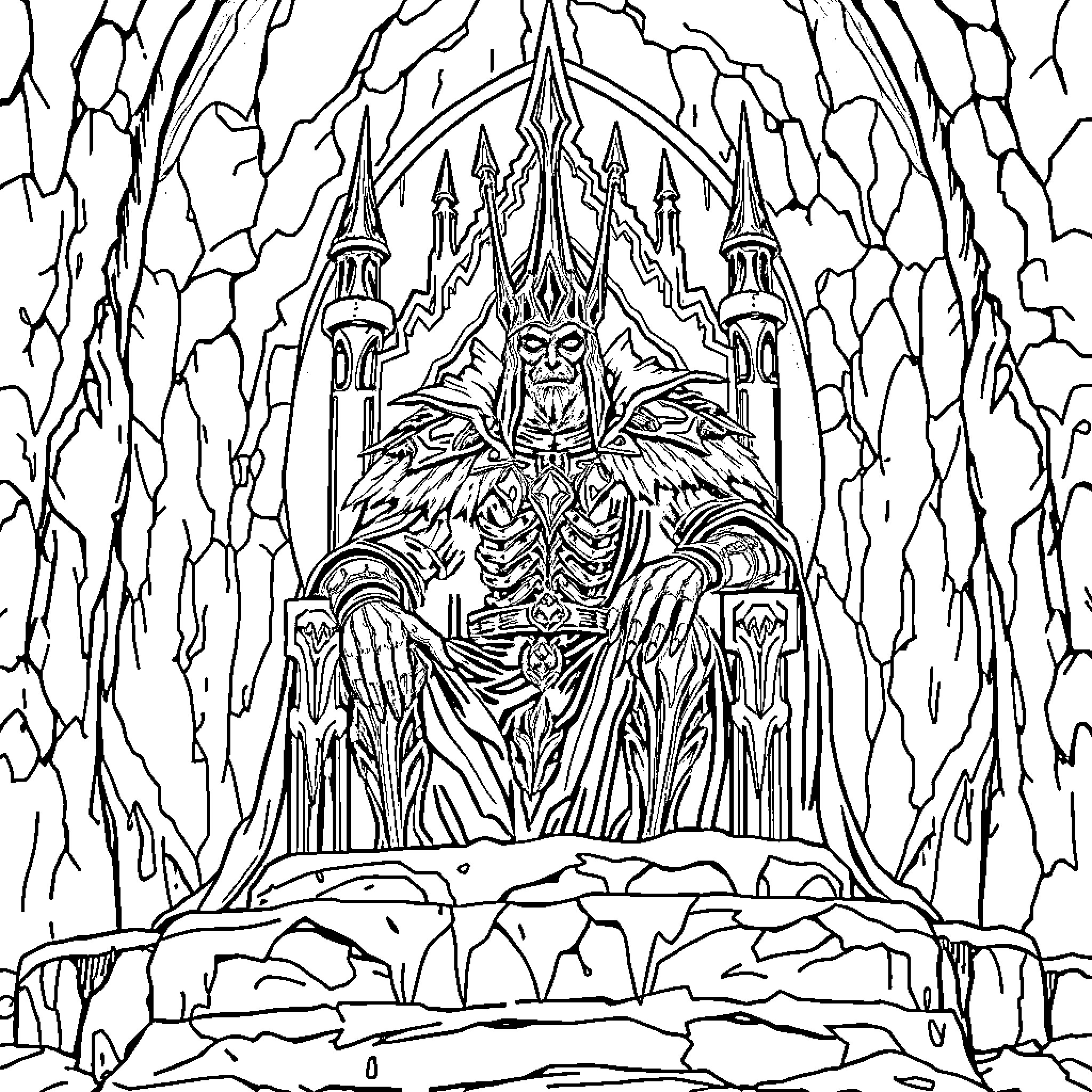 Lich King enthroned in a dark, ominous castle Coloring Page (free black-and-white line drawing printable PDF for all, from beginners to advanced learners, including children, teens, adults, and seniors)