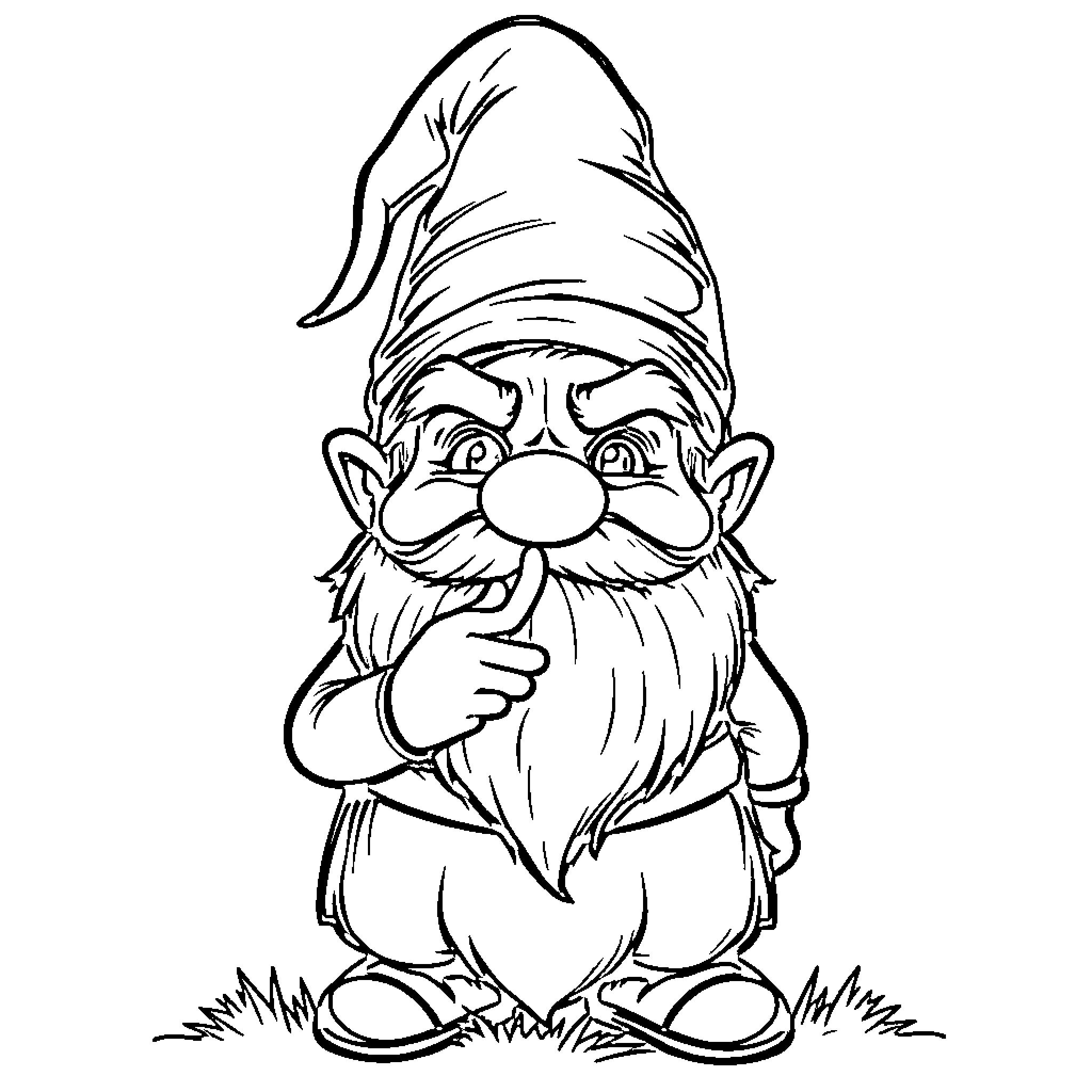 Gnome smiling and examining a flower Coloring Page (free black-and-white line drawing printable PDF for all, from beginners to advanced learners, including children, teens, adults, and seniors)