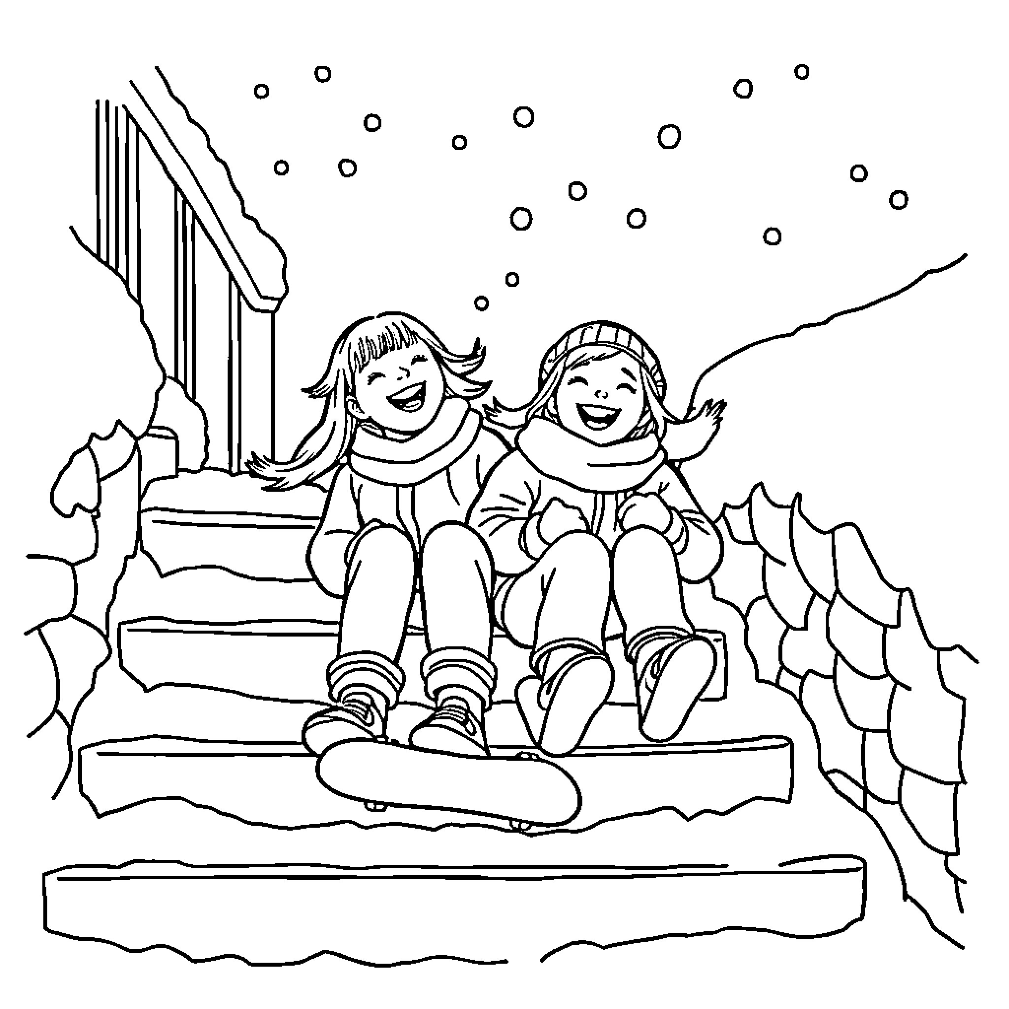 Girls playing on snowy steps in winter Coloring Page (free black-and-white line drawing printable PDF for all, from beginners to advanced learners, including children, teens, adults, and seniors)