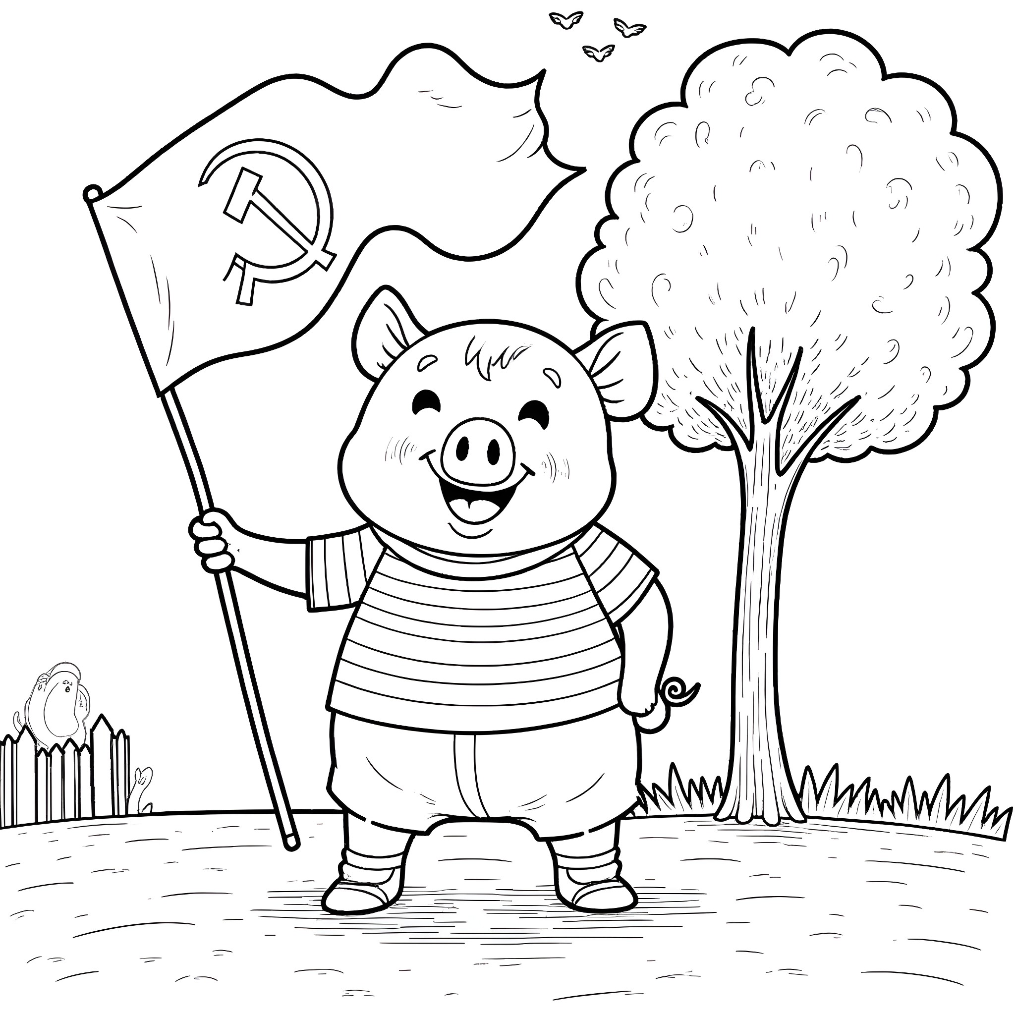 Pig waving communist flag in a park Coloring Page (free black-and-white line drawing printable PDF for all, from beginners to advanced learners, including children, teens, adults, and seniors)