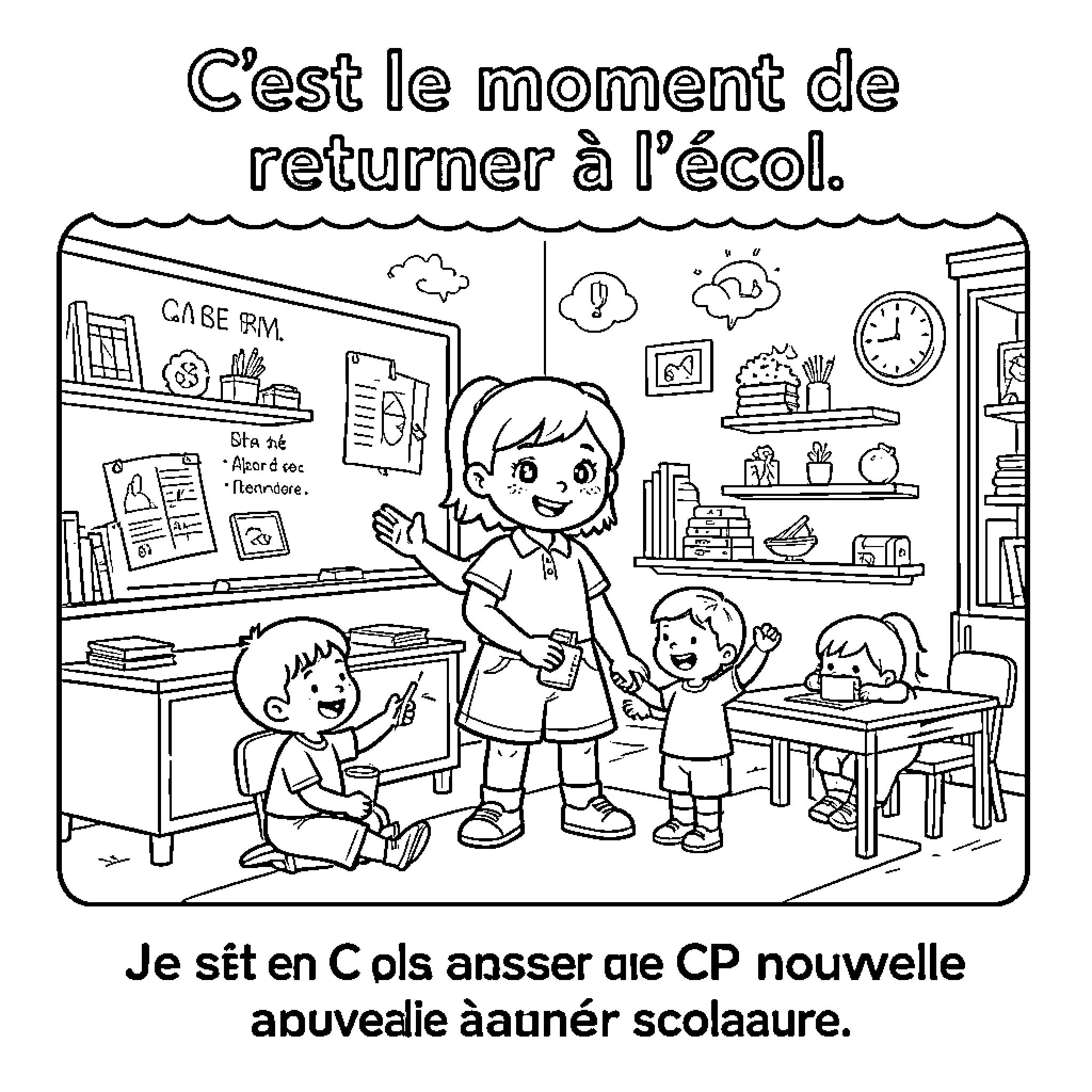 Rentrée with happy children in a classroom scene Coloring Page (free black-and-white line drawing printable PDF for all, from beginners to advanced learners, including children, teens, adults, and seniors)