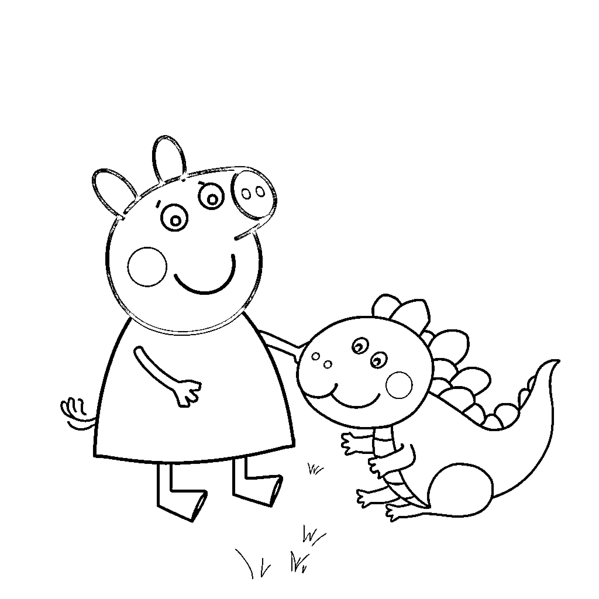 Peppa Pig and her pet dinosaur playing happily Coloring Page (free black-and-white line drawing printable PDF for all, from beginners to advanced learners, including children, teens, adults, and seniors)