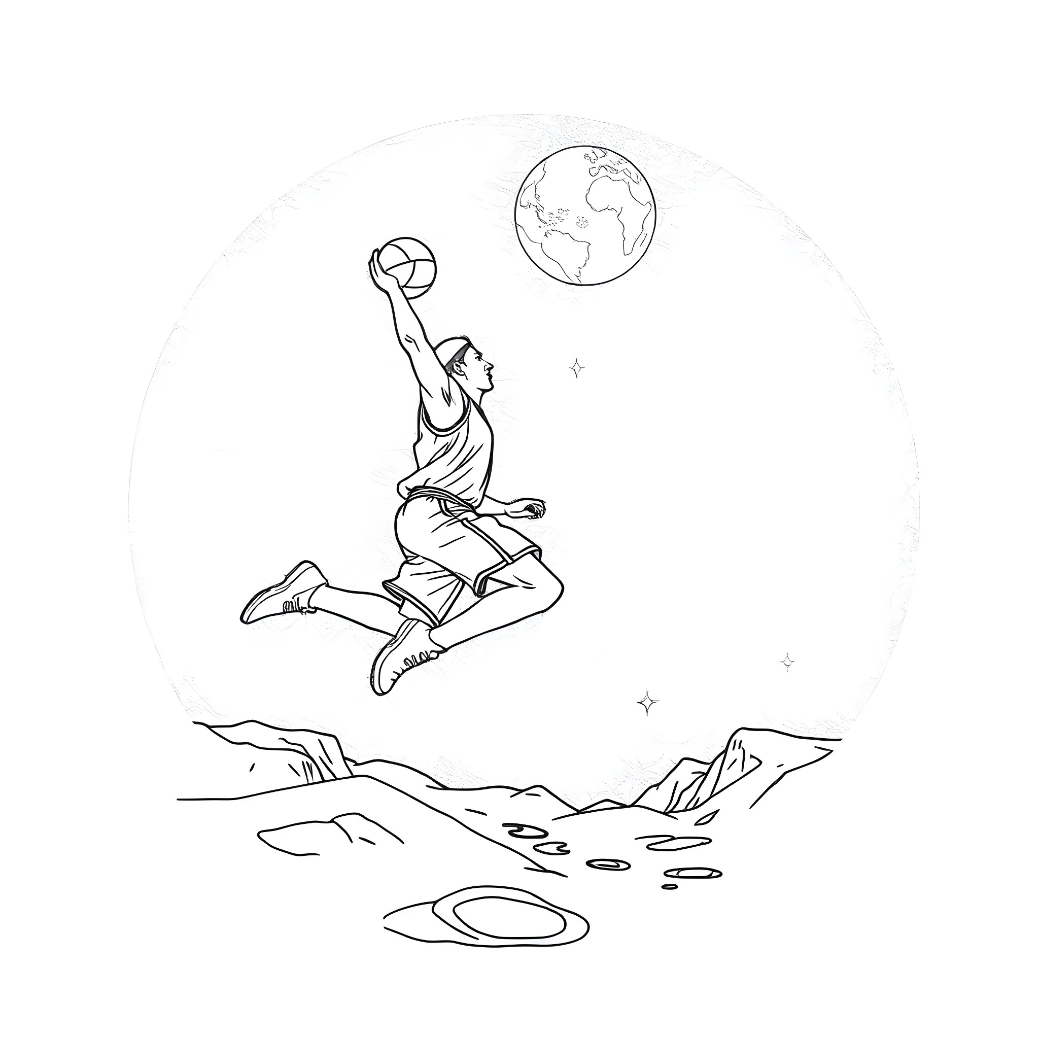 Basketball Player Dunking on a Cosmic Court Coloring Page (free black-and-white line drawing printable PDF for all, from beginners to advanced learners, including children, teens, adults, and seniors)
