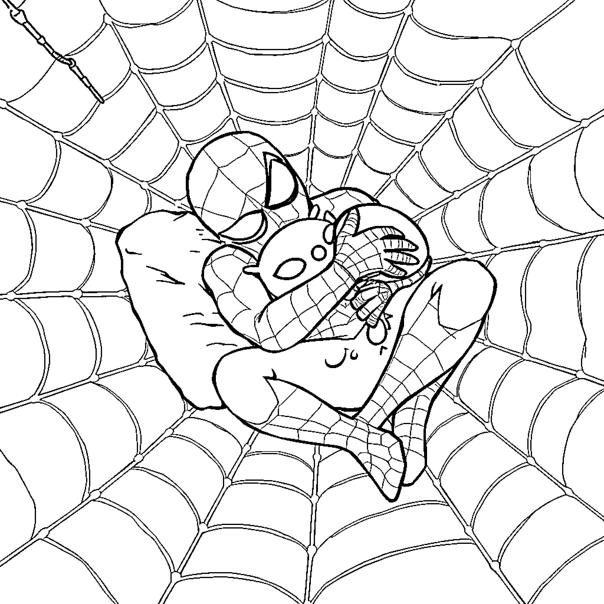Spider-Man caught in a web Coloring Page (free black-and-white line drawing printable PDF for all, from beginners to advanced learners, including children, teens, adults, and seniors)