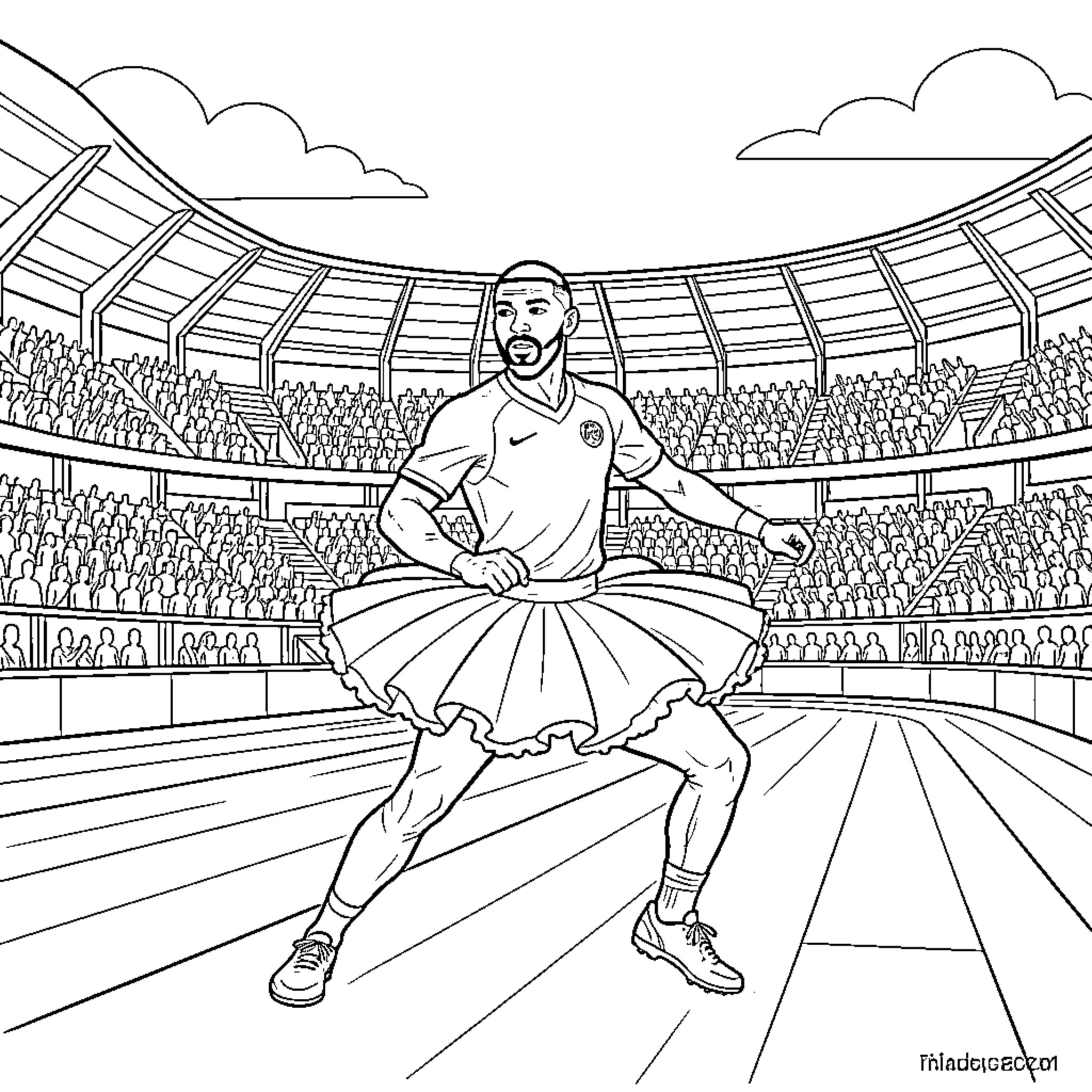 Mbappe dancing in a tutu inside a stadium Coloring Page (free black-and-white line drawing printable PDF for all, from beginners to advanced learners, including children, teens, adults, and seniors)