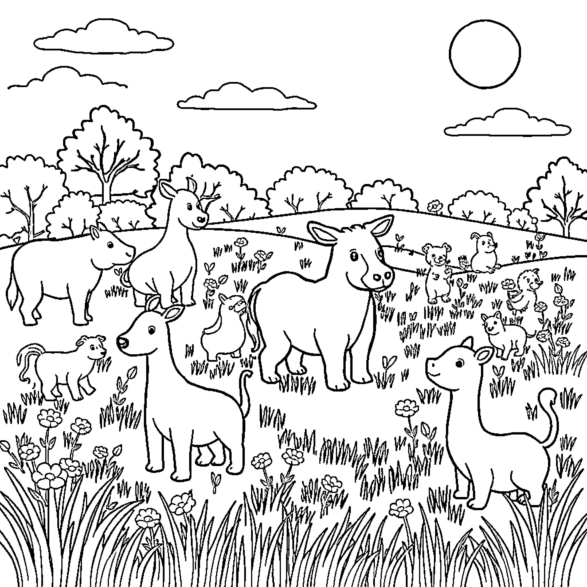 Animal Gathering in the Countryside Landscape Coloring Page (free black-and-white line drawing printable PDF for all, from beginners to advanced learners, including children, teens, adults, and seniors)
