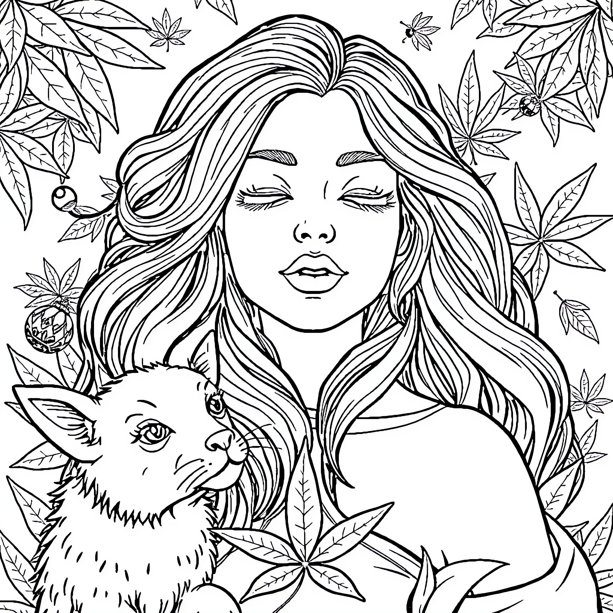 Woman with Serene Expression Surrounded by Nature Coloring Page (free black-and-white line drawing printable PDF for all, from beginners to advanced learners, including children, teens, adults, and seniors)