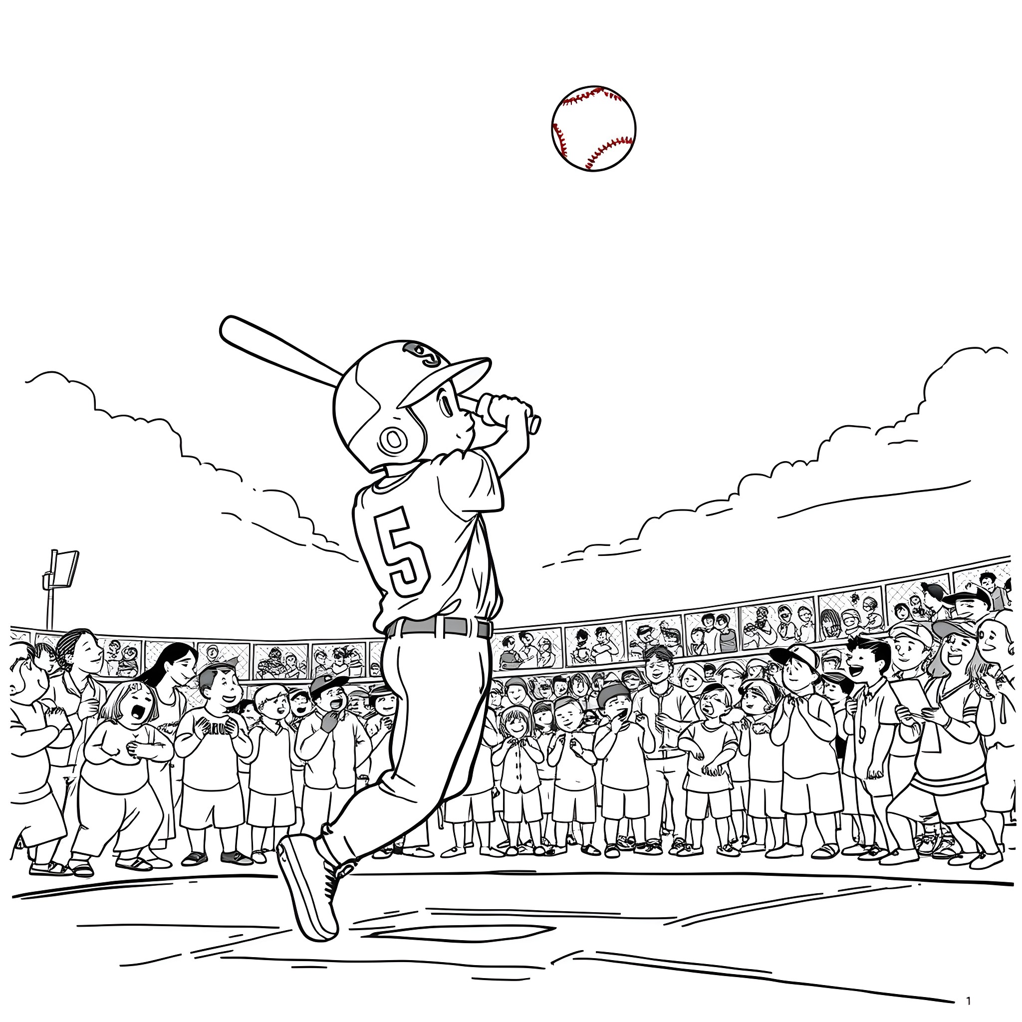 Kid playing baseball with crowd in stadium Coloring Page (free black-and-white line drawing printable PDF for all, from beginners to advanced learners, including children, teens, adults, and seniors)
