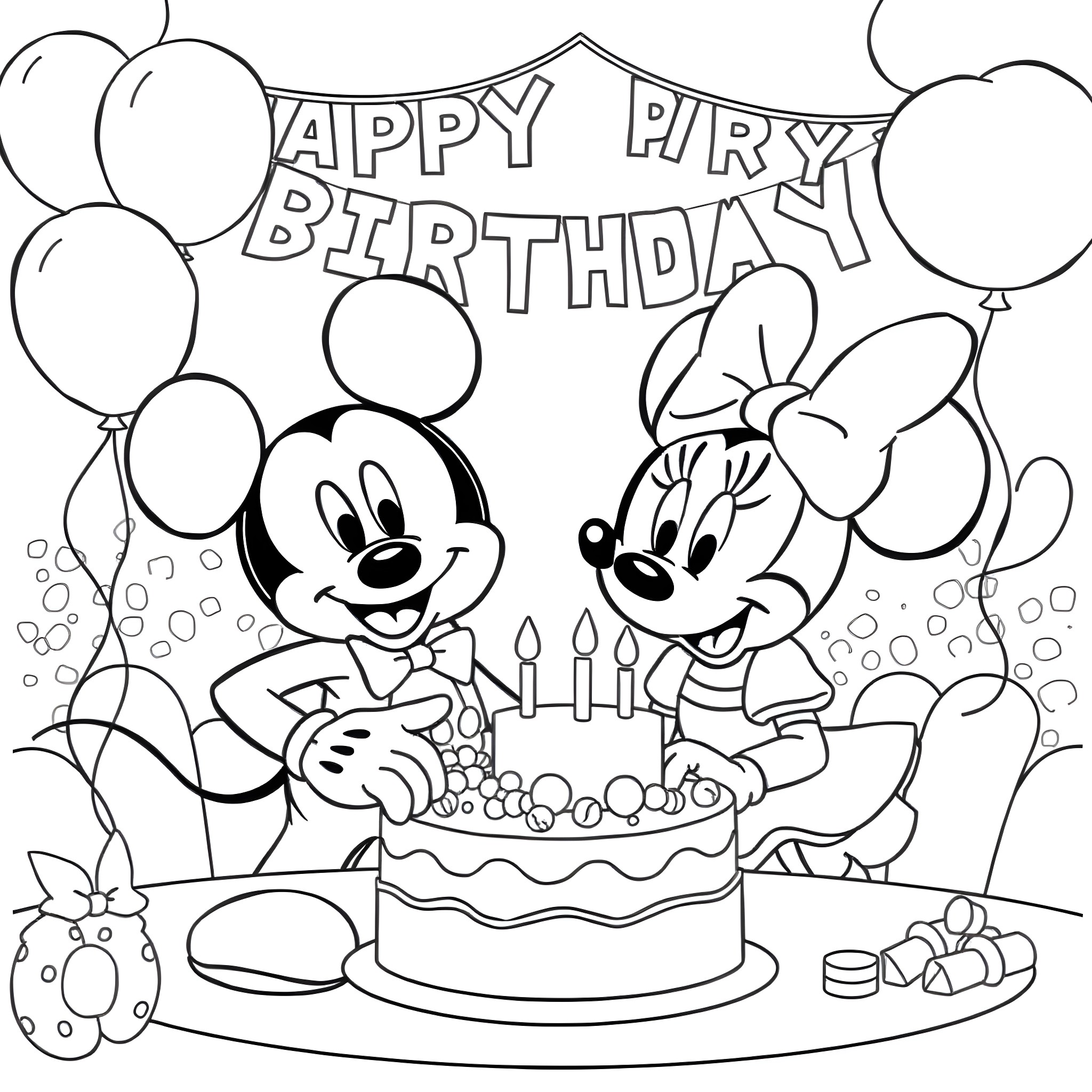 Mickey Mouse and Minnie Mouse celebrating Happy Birthday with cake and balloons Coloring Page (free black-and-white line drawing printable PDF for all, from beginners to advanced learners, including children, teens, adults, and seniors)