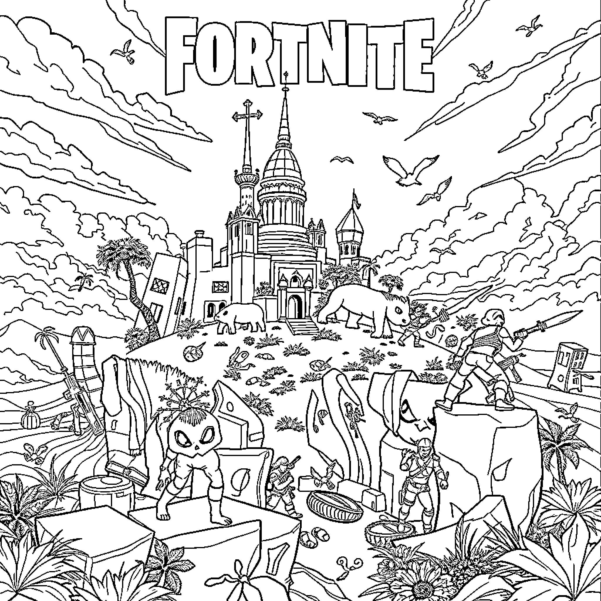 Fortnite characters in fantastical landscape Coloring Page (free black-and-white line drawing printable PDF for all, from beginners to advanced learners, including children, teens, adults, and seniors)