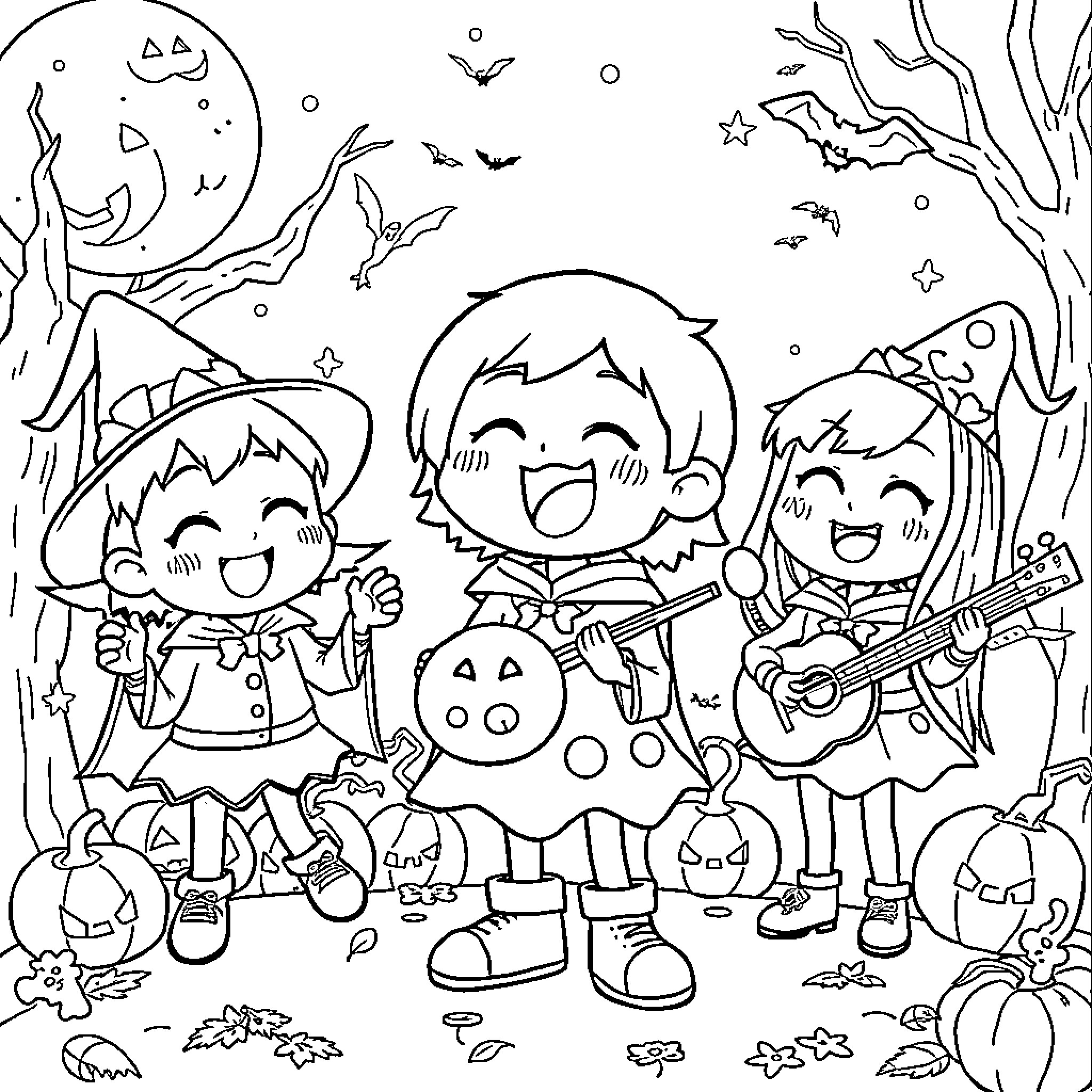 Nobita's Spooky Halloween Adventure Coloring Page (free black-and-white line drawing printable PDF for all, from beginners to advanced learners, including children, teens, adults, and seniors)