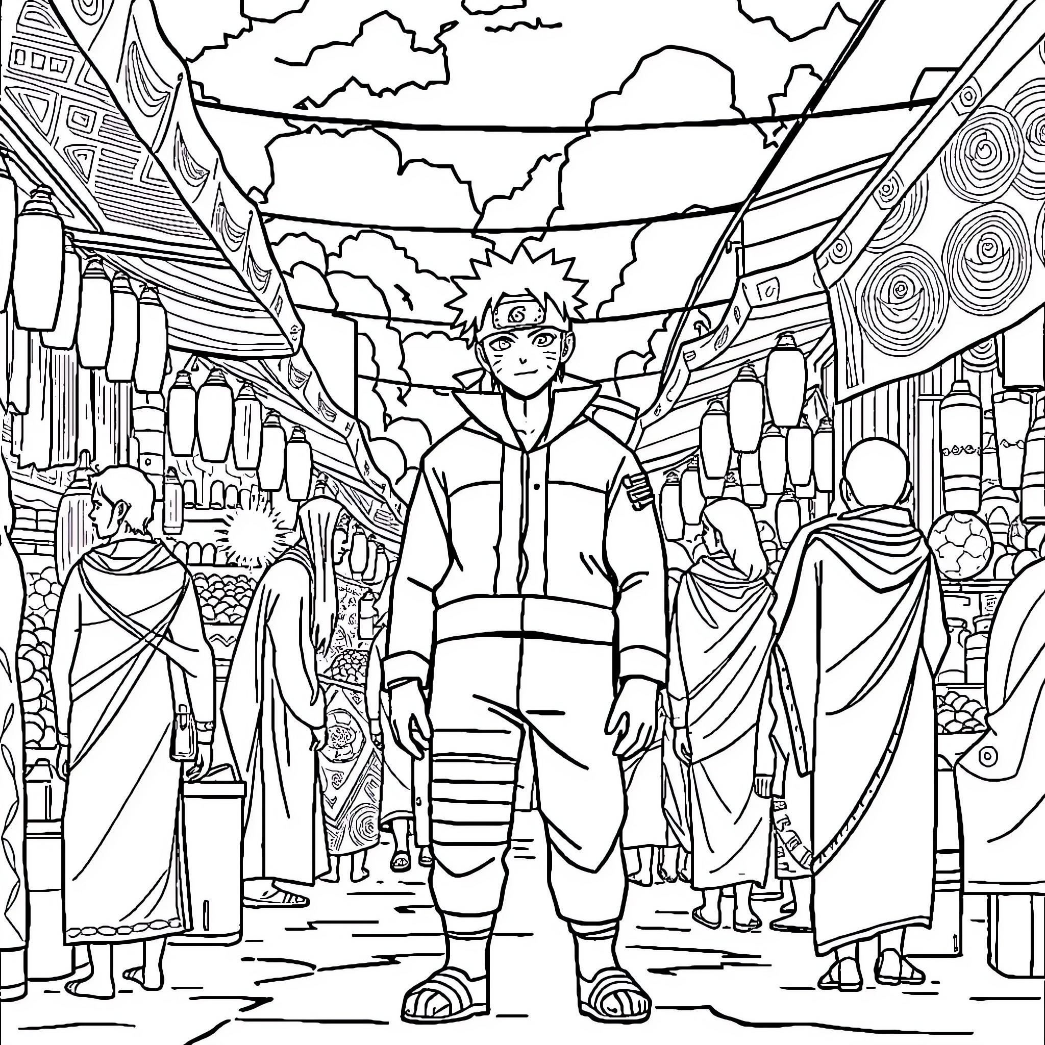 Naruto exploring the bustling market scene Coloring Page (free black-and-white line drawing printable PDF for all, from beginners to advanced learners, including children, teens, adults, and seniors)