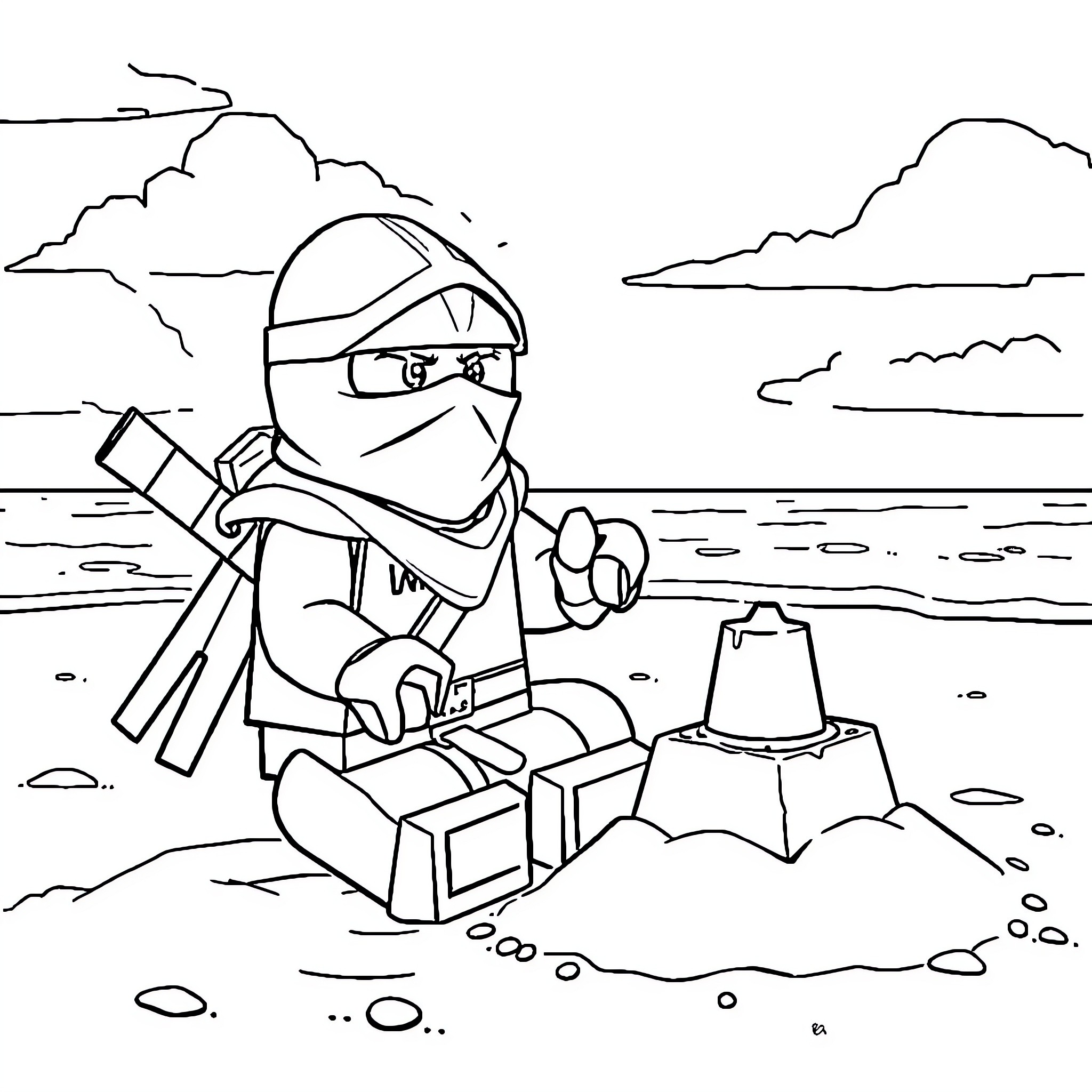 Lego Ninja building sandcastles on the beach Coloring Page (free black-and-white line drawing printable PDF for all, from beginners to advanced learners, including children, teens, adults, and seniors)