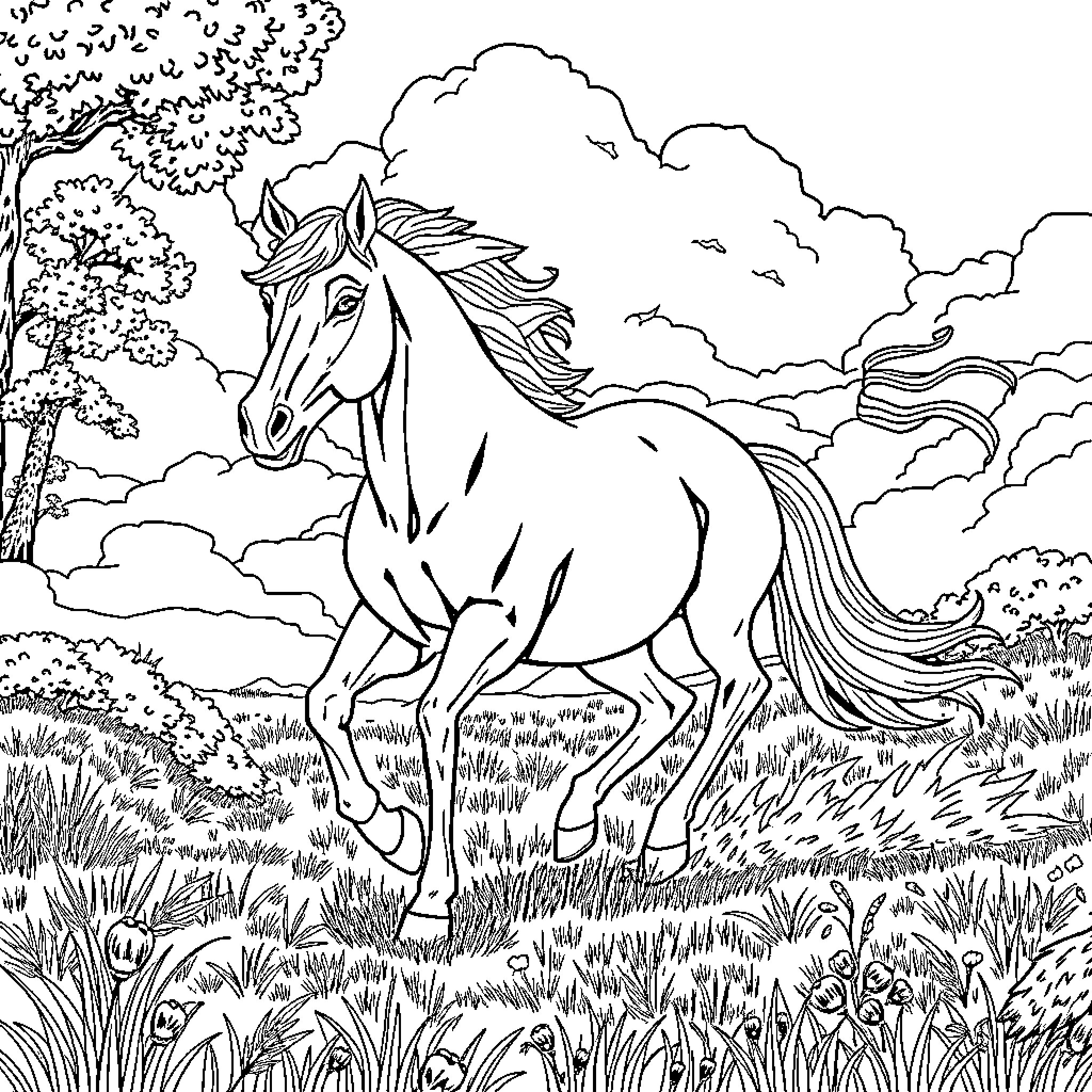 Horse and Bull on a Grassy Field with Trees Coloring Page (free black-and-white line drawing printable PDF for all, from beginners to advanced learners, including children, teens, adults, and seniors)
