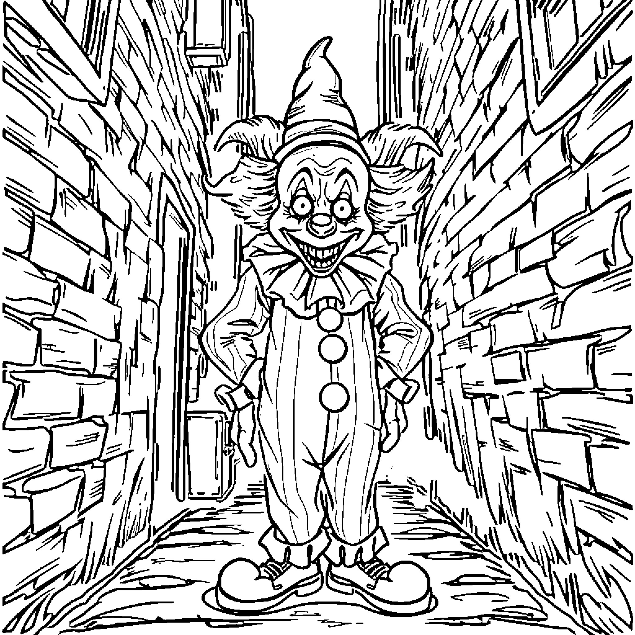 Art of a Playful Clown in a Dark Alley Coloring Page (free black-and-white line drawing printable PDF for all, from beginners to advanced learners, including children, teens, adults, and seniors)