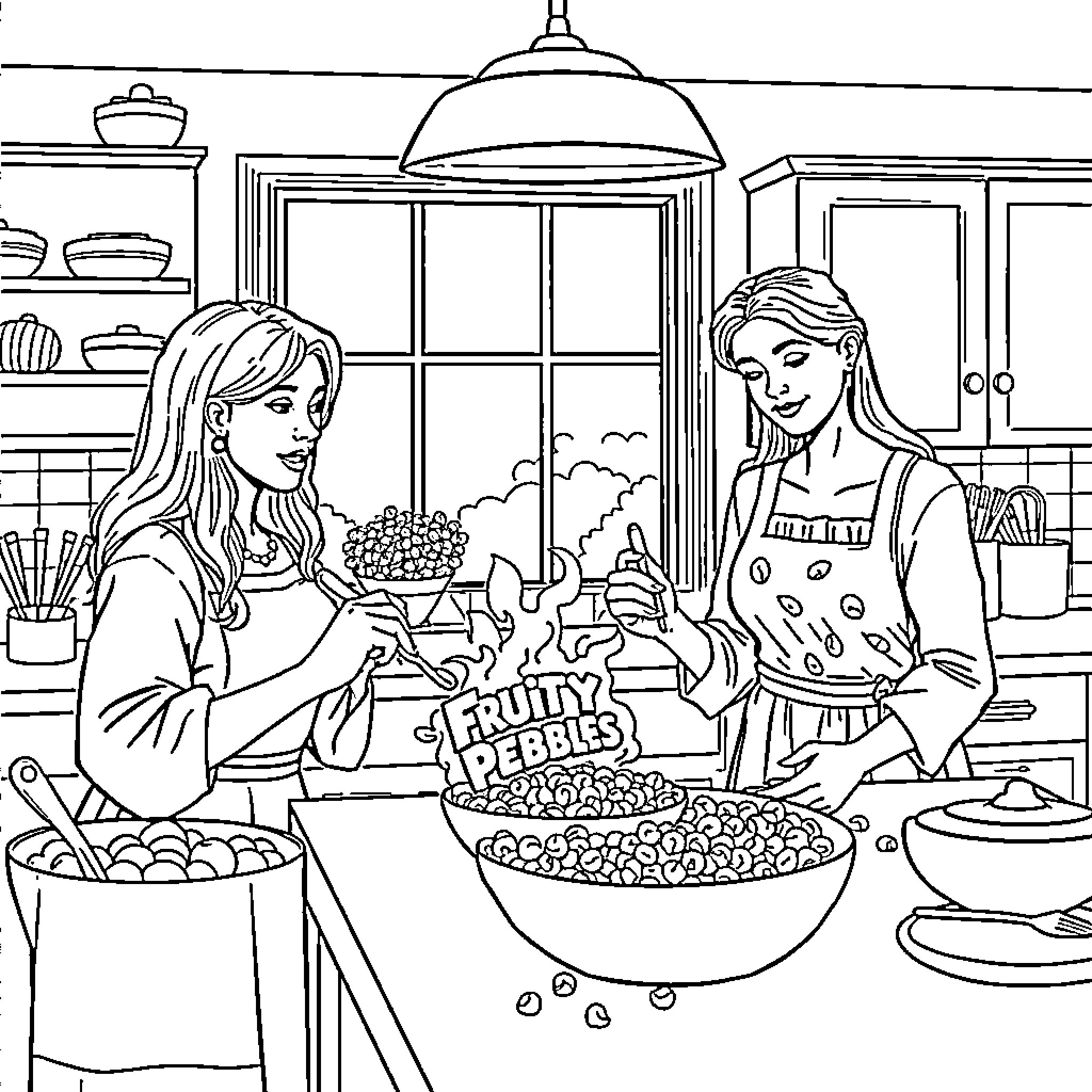Mormon Wife Baking Pebbles Cereal with Daughter Coloring Page (free black-and-white line drawing printable PDF for all, from beginners to advanced learners, including children, teens, adults, and seniors)