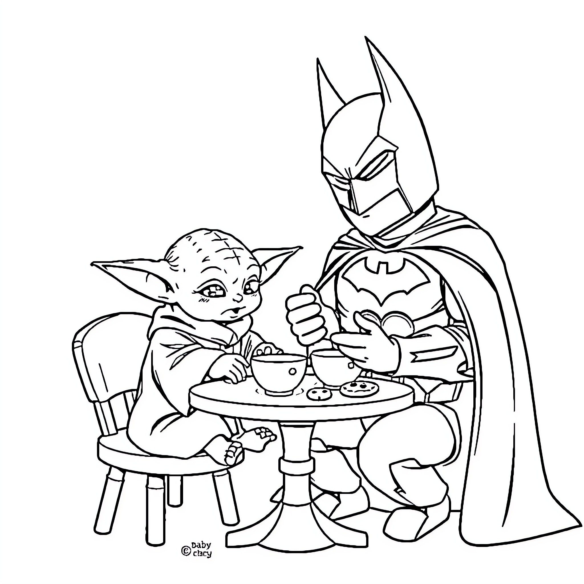 Baby Yoda and Batman enjoying tea together Coloring Page (free black-and-white line drawing printable PDF for all, from beginners to advanced learners, including children, teens, adults, and seniors)