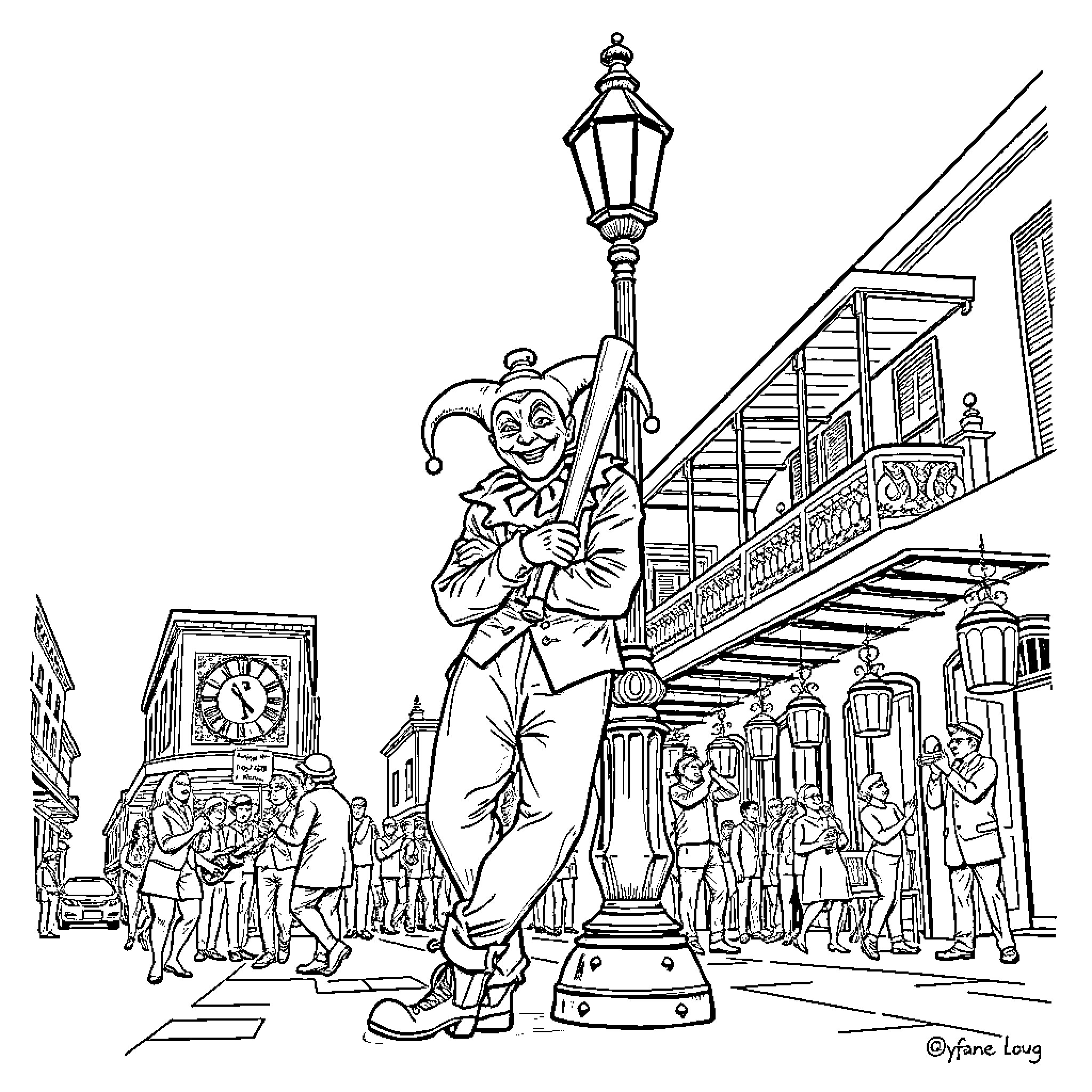 Jester entertaining the crowd in a lively city scene Coloring Page (free black-and-white line drawing printable PDF for all, from beginners to advanced learners, including children, teens, adults, and seniors)