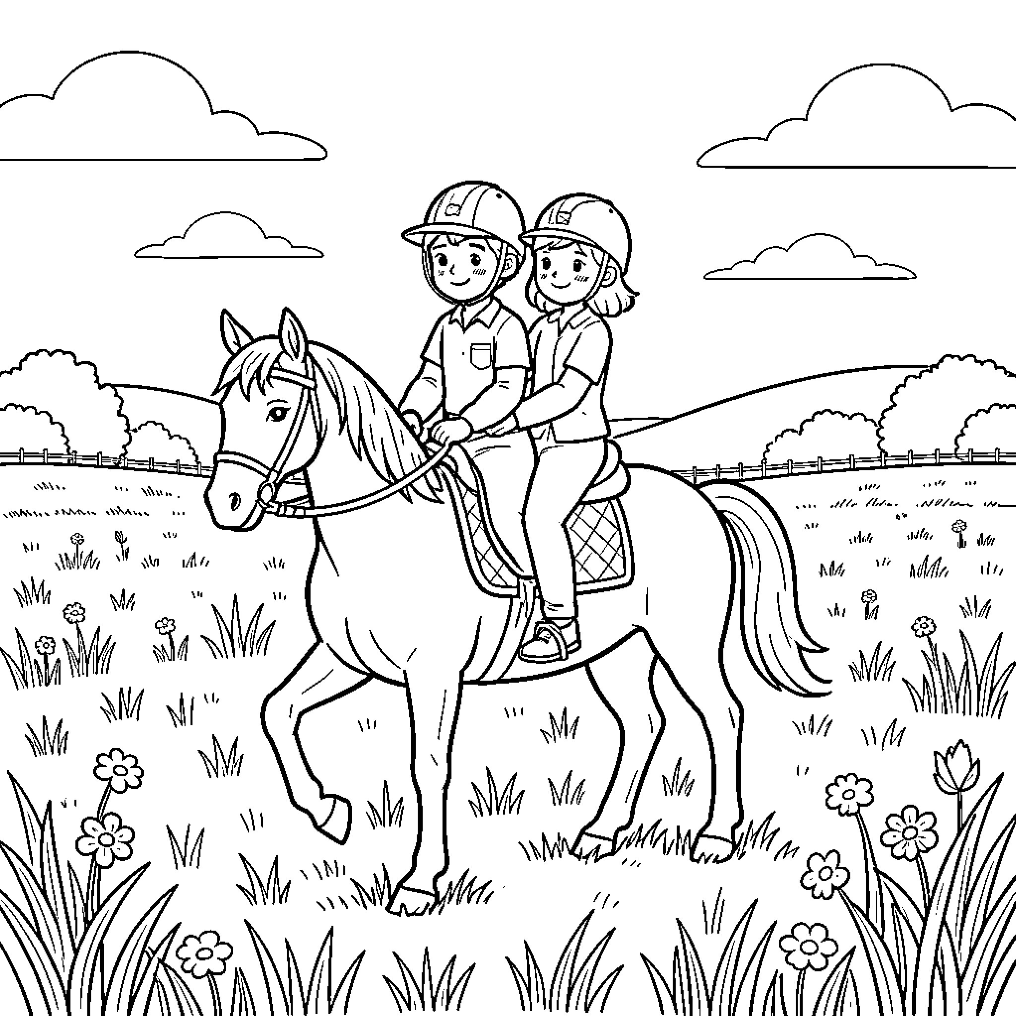Jumelle children riding a horse through a meadow Coloring Page (free black-and-white line drawing printable PDF for all, from beginners to advanced learners, including children, teens, adults, and seniors)