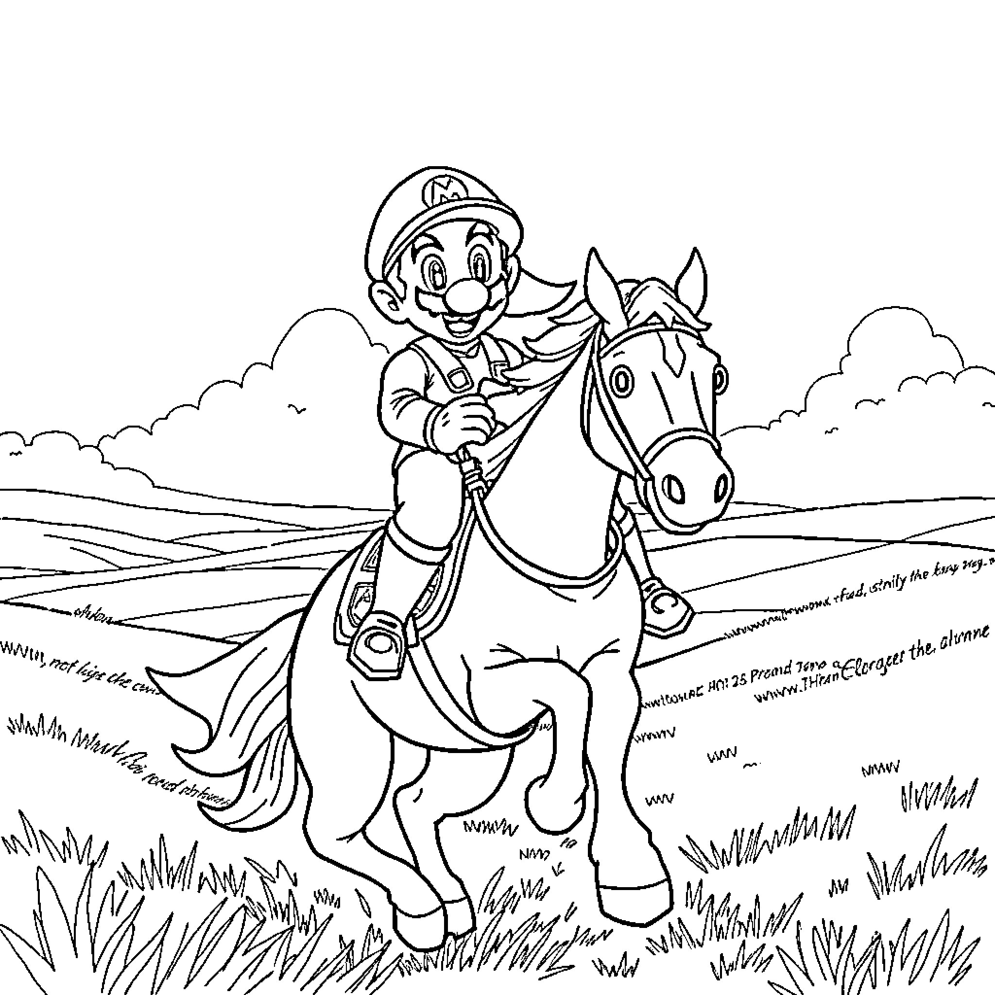 Mario riding a horse in the countryside Coloring Page (free black-and-white line drawing printable PDF for all, from beginners to advanced learners, including children, teens, adults, and seniors)