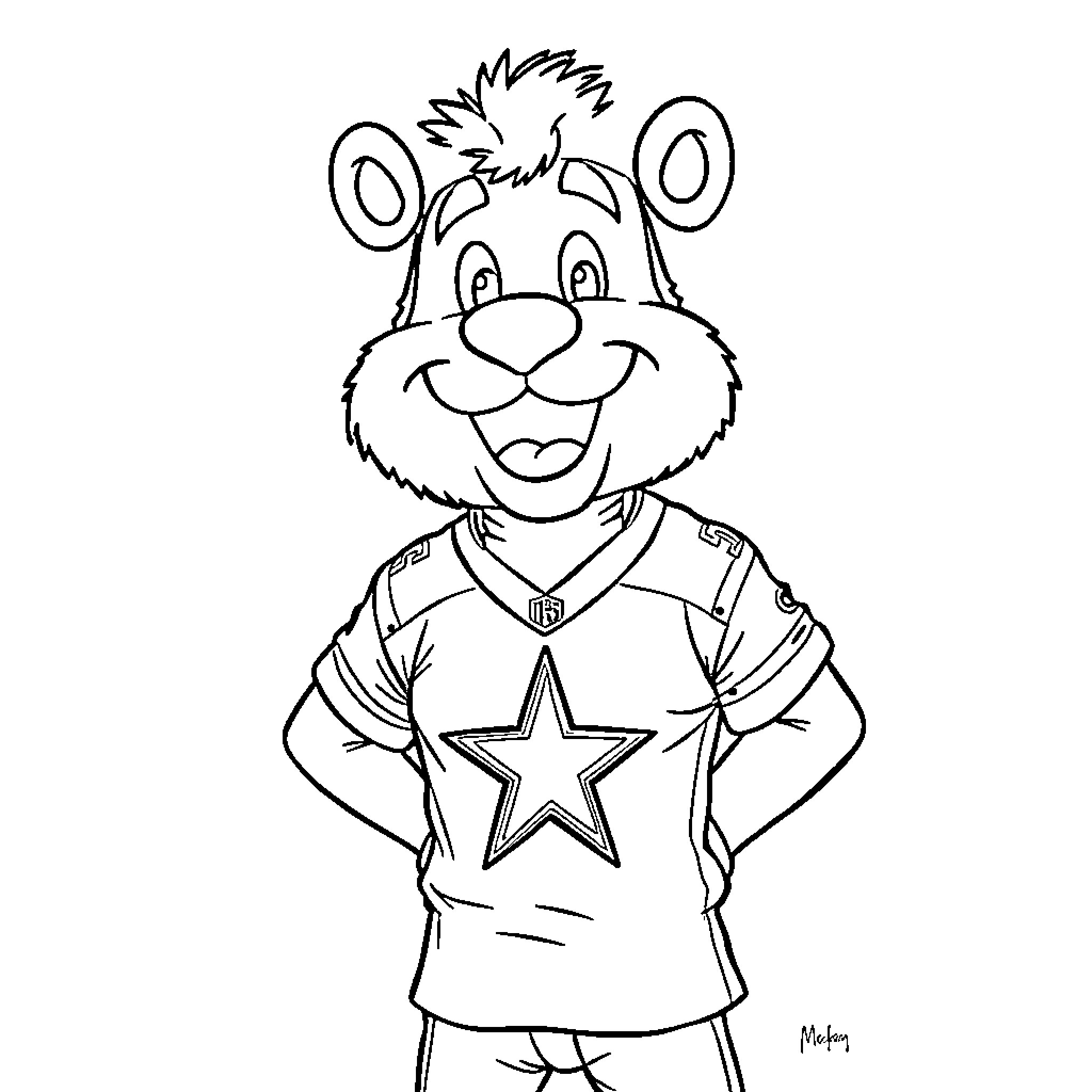 Spud McKenzie in Heroic Pose with Star Outfit Coloring Page (free black-and-white line drawing printable PDF for all, from beginners to advanced learners, including children, teens, adults, and seniors)