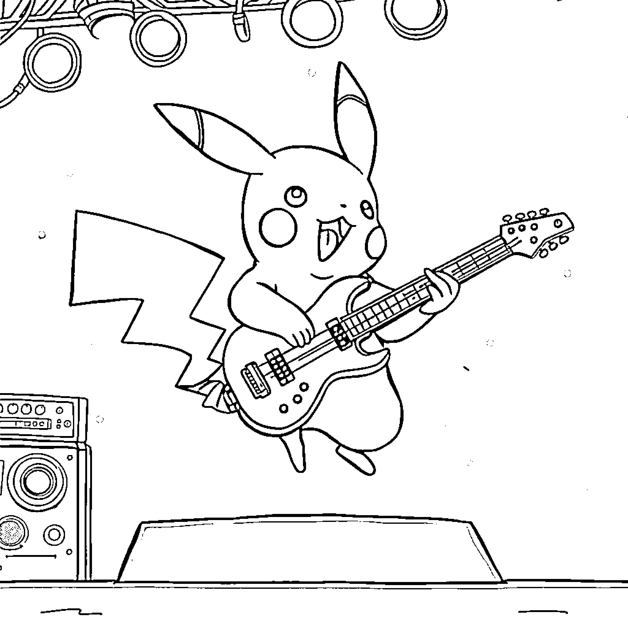 Pikachu rocking out with electric guitar Coloring Page (free black-and-white line drawing printable PDF for all, from beginners to advanced learners, including children, teens, adults, and seniors)