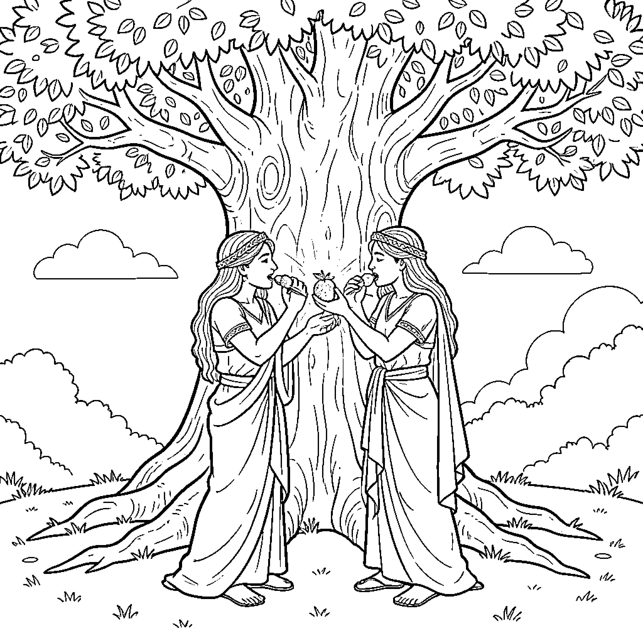 Adán y Eva bajo el árbol del conocimiento Coloring Page (free black-and-white line drawing printable PDF for all, from beginners to advanced learners, including children, teens, adults, and seniors)