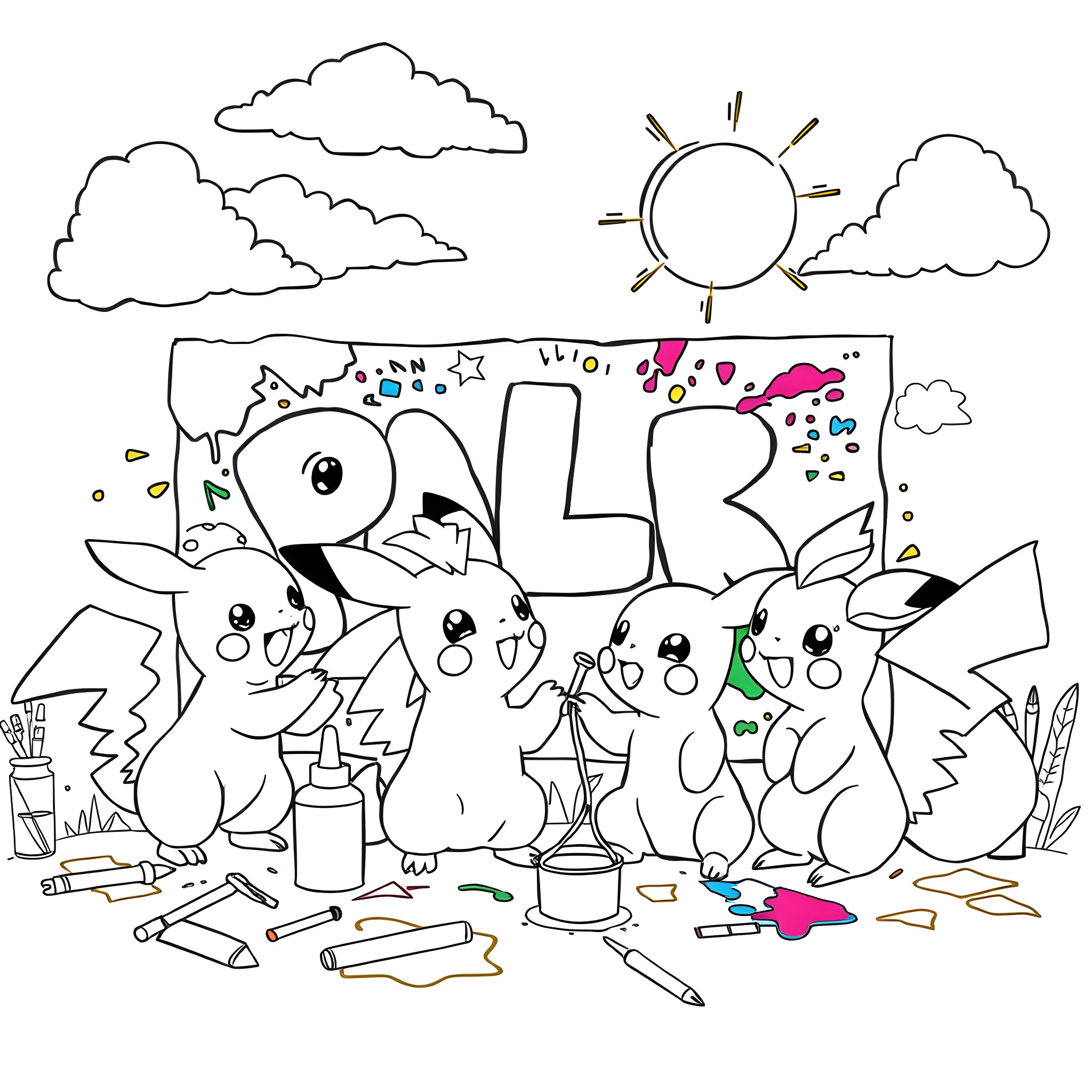 Baby Pokemon playing and having fun outdoors Coloring Page (free black-and-white line drawing printable PDF for all, from beginners to advanced learners, including children, teens, adults, and seniors)