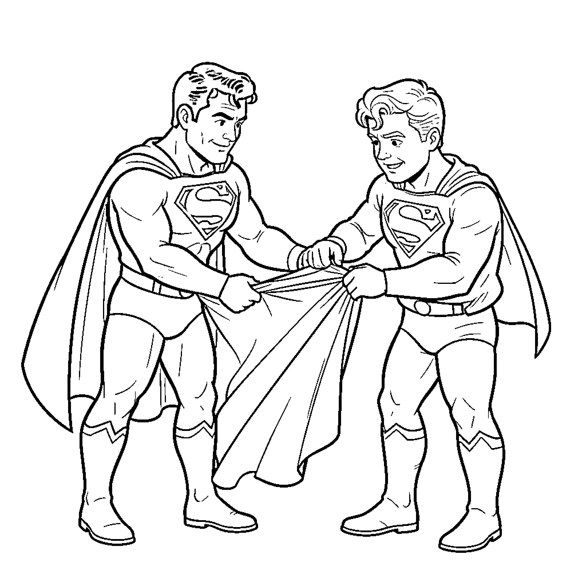 Superman sharing his cape with a young boy Coloring Page (free black-and-white line drawing printable PDF for all, from beginners to advanced learners, including children, teens, adults, and seniors)