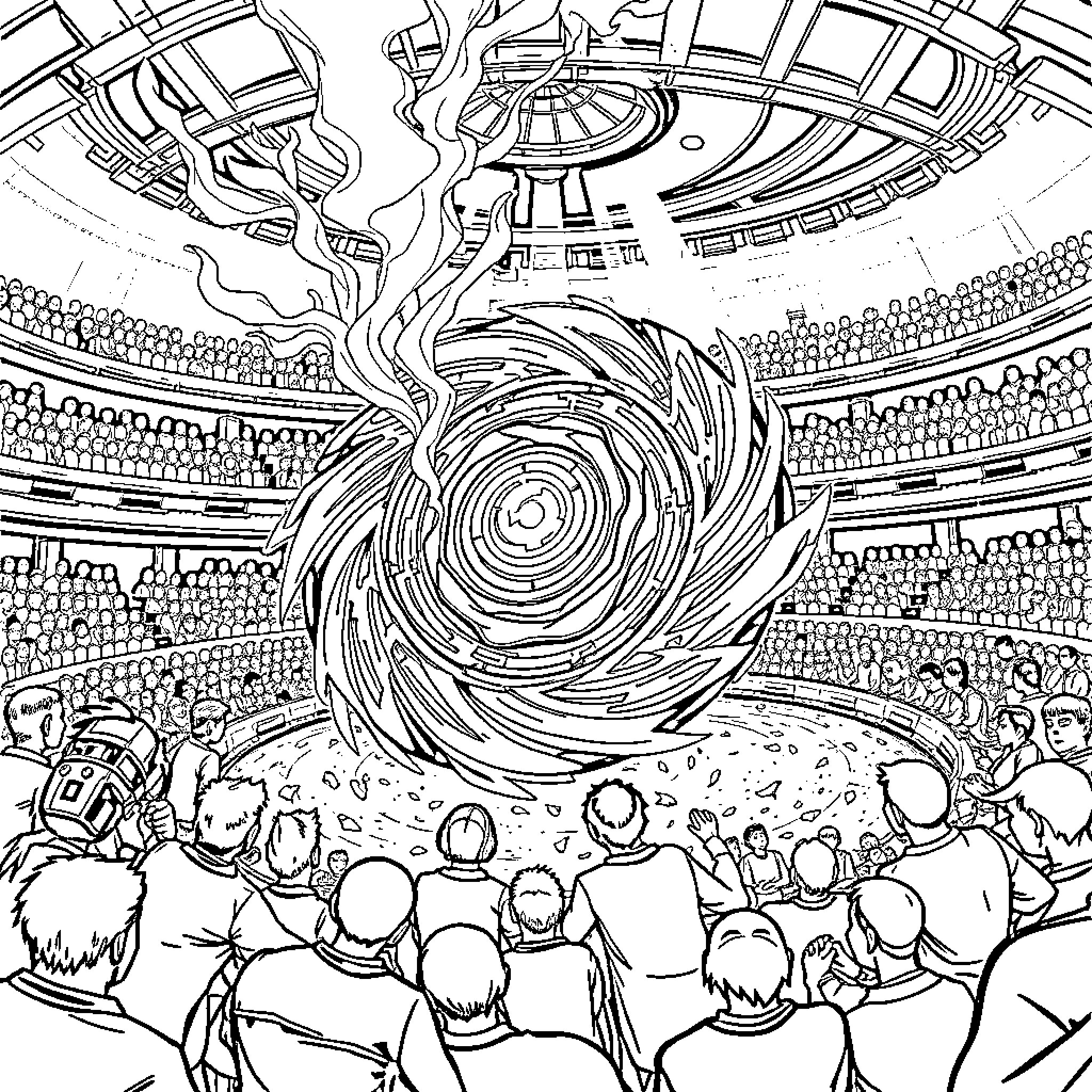 Beyblade Battle in an Epic Arena Coloring Page (free black-and-white line drawing printable PDF for all, from beginners to advanced learners, including children, teens, adults, and seniors)