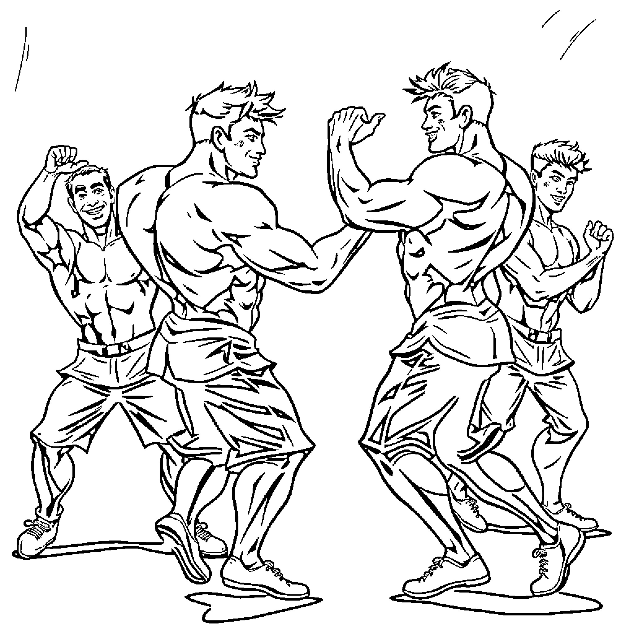 Muscle Men Engaged in Intense Sparring Match Coloring Page (free black-and-white line drawing printable PDF for all, from beginners to advanced learners, including children, teens, adults, and seniors)