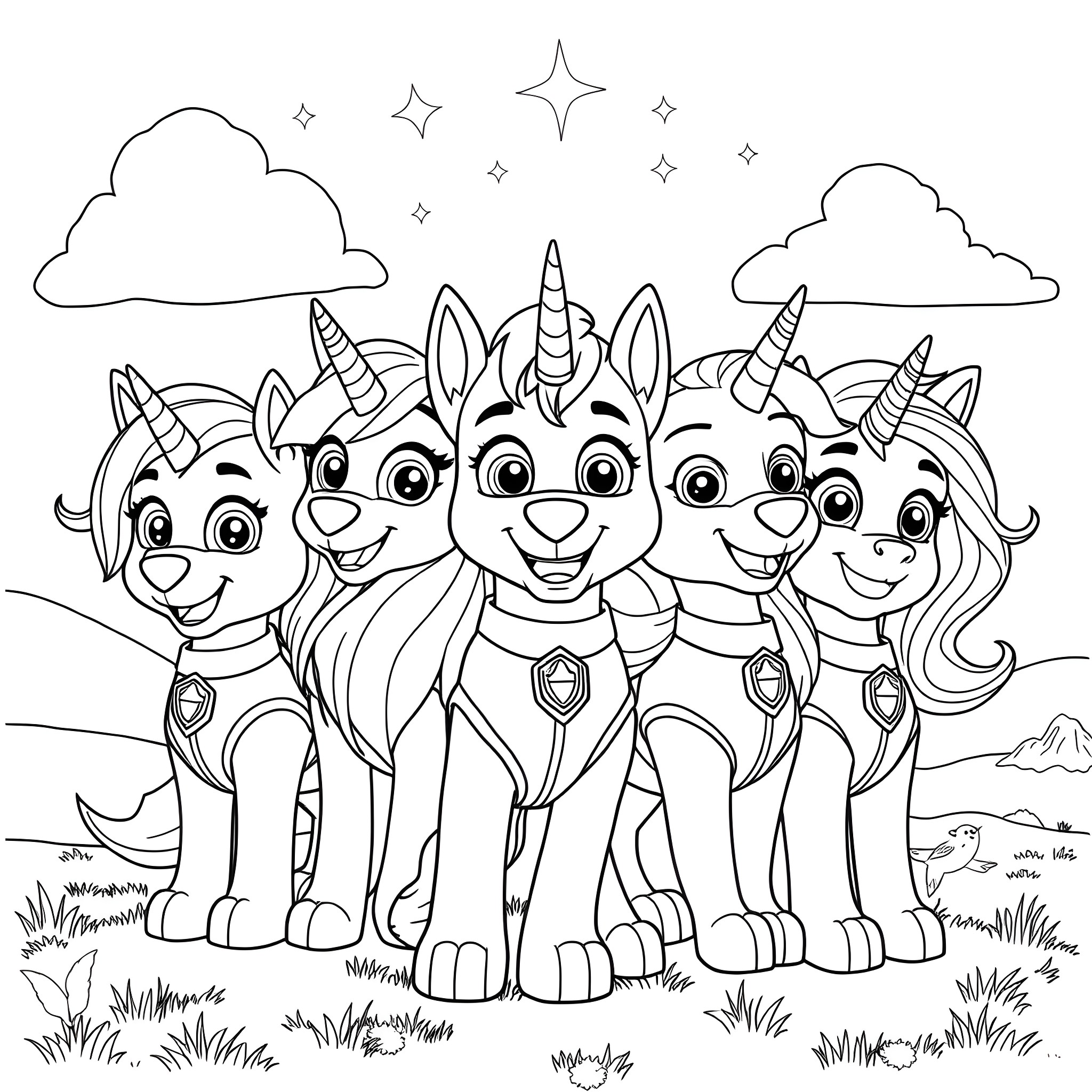 Paw Patrol Unicorn Puppies Posing Together Coloring Page (free black-and-white line drawing printable PDF for all, from beginners to advanced learners, including children, teens, adults, and seniors)