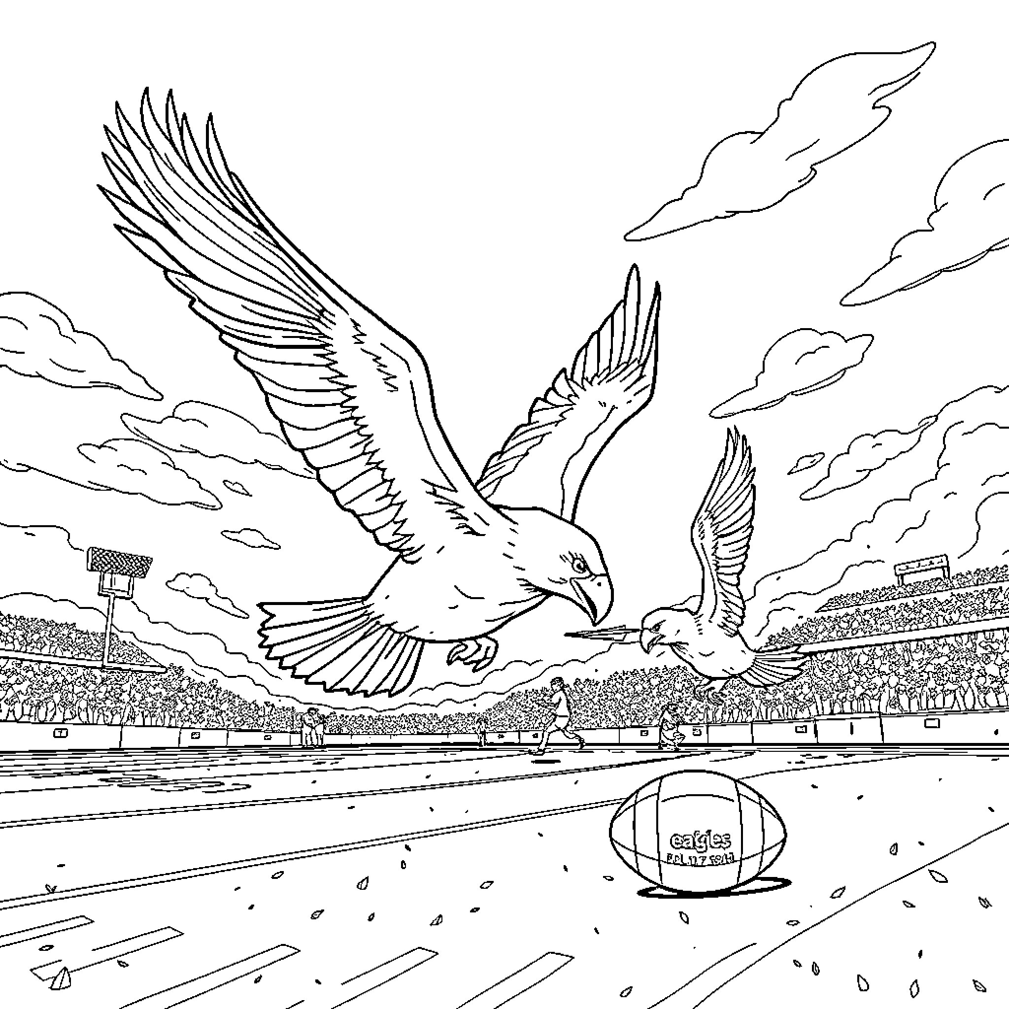 Eagle soaring over a sports stadium Coloring Page (free black-and-white line drawing printable PDF for all, from beginners to advanced learners, including children, teens, adults, and seniors)
