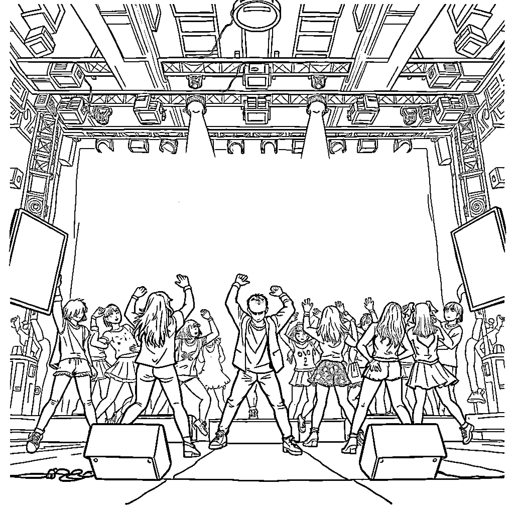 K Pop Performers on Stage with Crowd Coloring Page (free black-and-white line drawing printable PDF for all, from beginners to advanced learners, including children, teens, adults, and seniors)