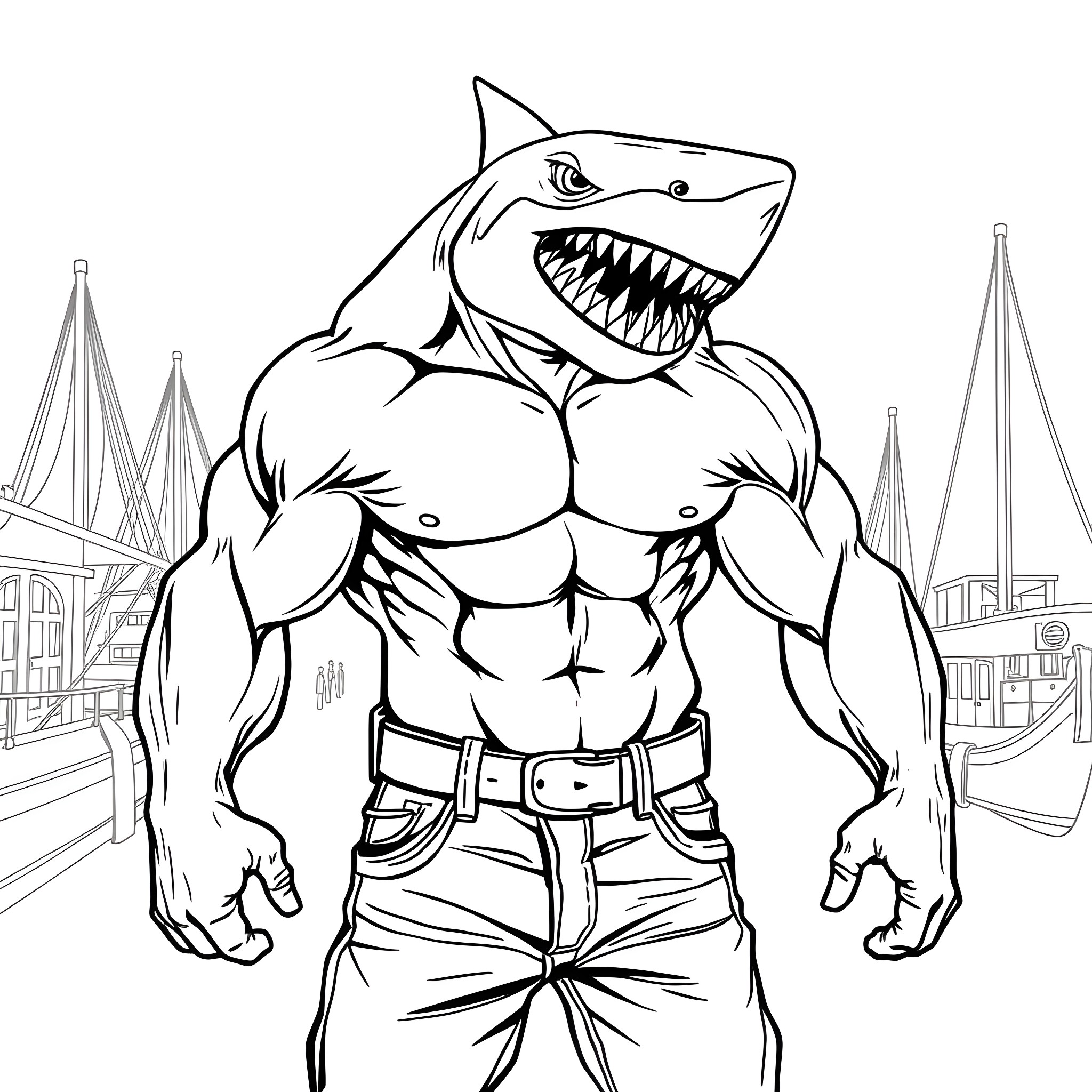 Shark-themed muscular character in urban setting Coloring Page (free black-and-white line drawing printable PDF for all, from beginners to advanced learners, including children, teens, adults, and seniors)