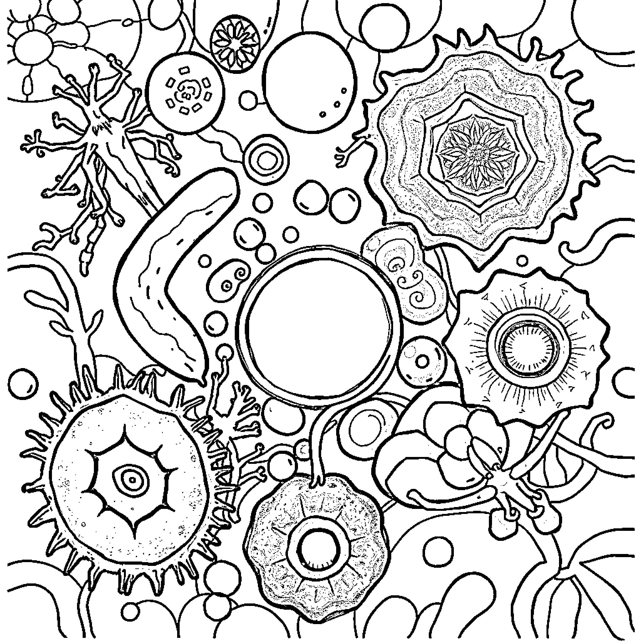 Cell Structures and Organic Shapes Coloring Page (free black-and-white line drawing printable PDF for all, from beginners to advanced learners, including children, teens, adults, and seniors)