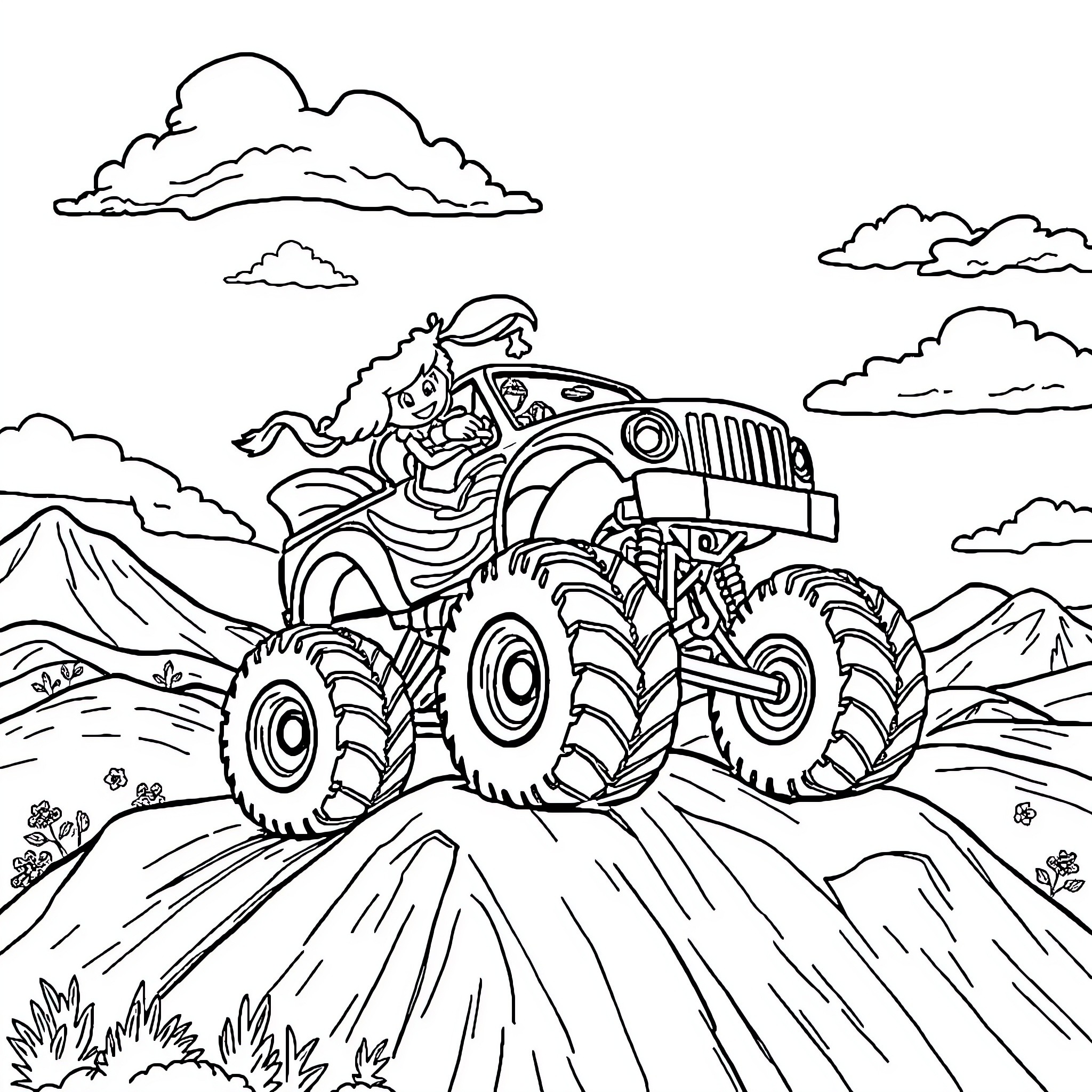 Monster Truck Racing Through Rugged Terrain Coloring Page (free black-and-white line drawing printable PDF for all, from beginners to advanced learners, including children, teens, adults, and seniors)
