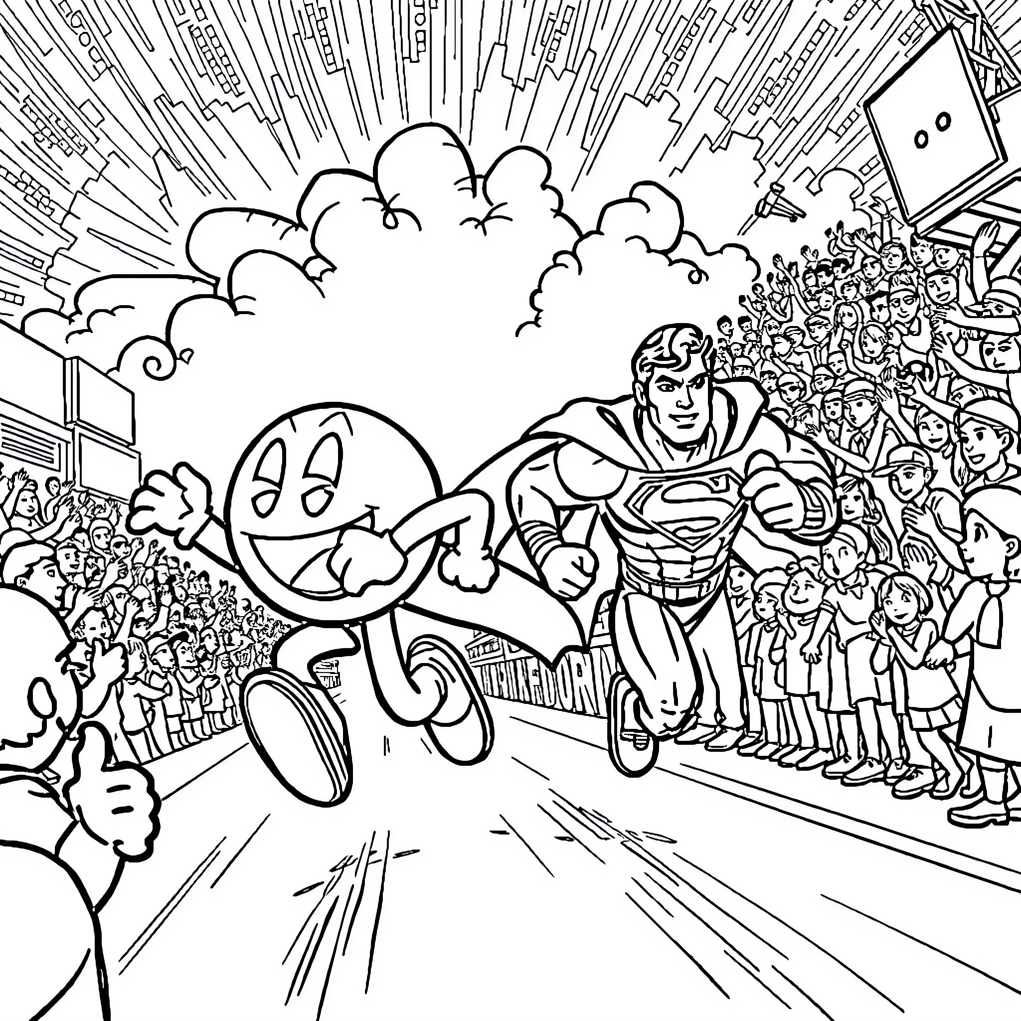 Pacman racing through a crowded city with superhero Coloring Page (free black-and-white line drawing printable PDF for all, from beginners to advanced learners, including children, teens, adults, and seniors)