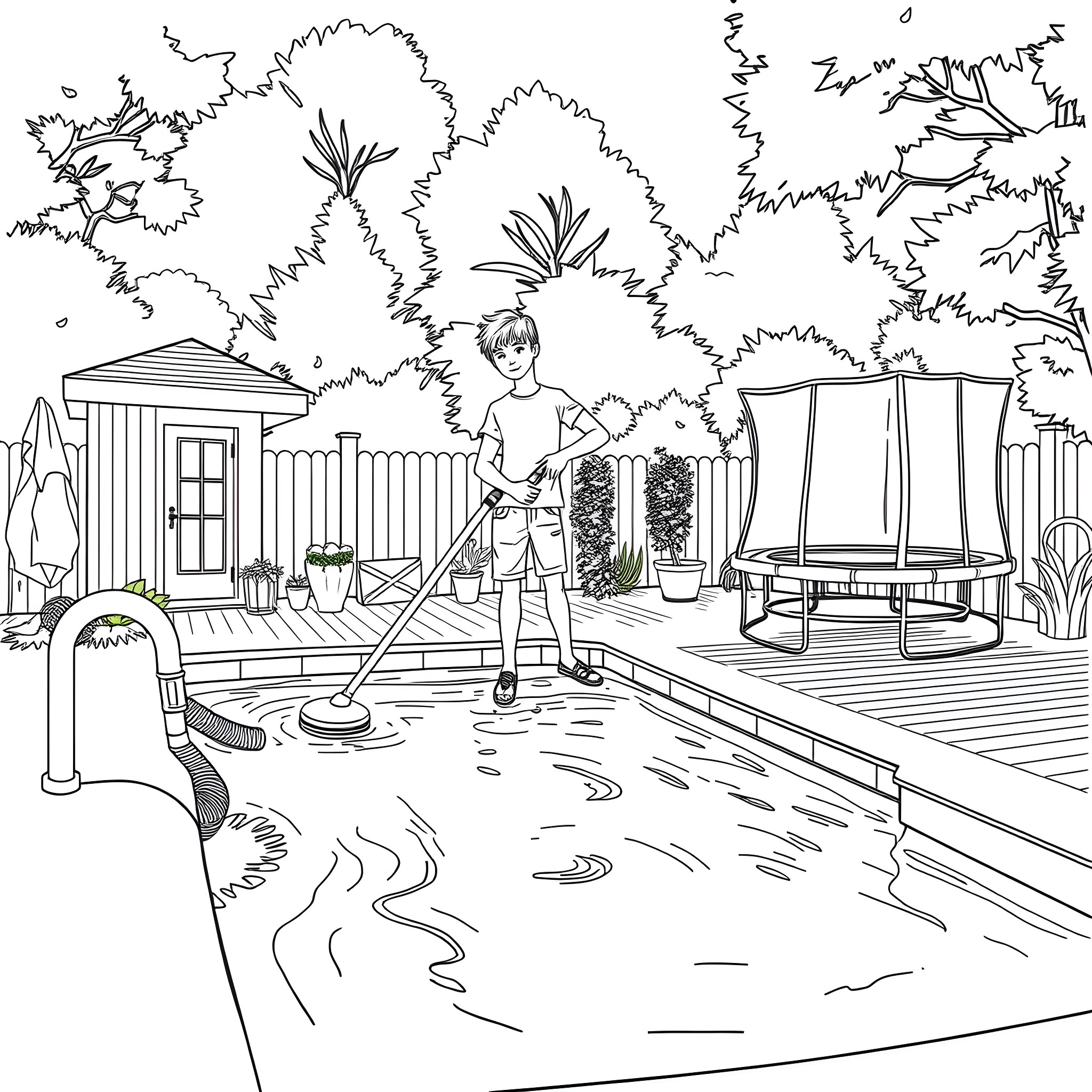 Guy cleaning the pool in the backyard Coloring Page (free black-and-white line drawing printable PDF for all, from beginners to advanced learners, including children, teens, adults, and seniors)