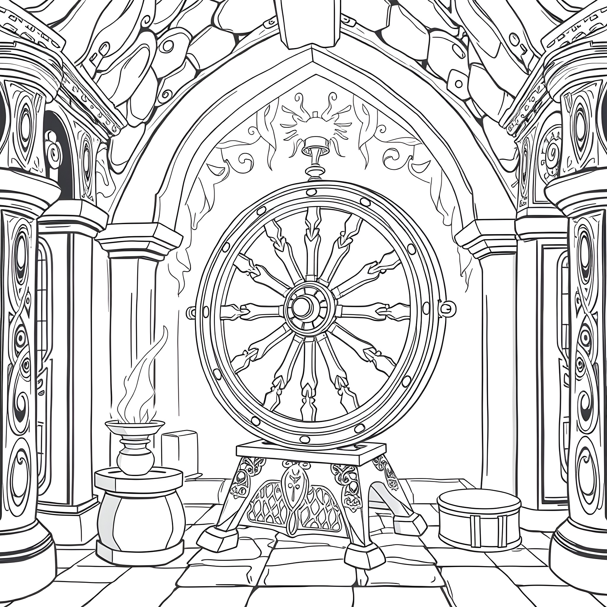 Sleeping Beauty's Enchanted Castle Interior Coloring Page (free black-and-white line drawing printable PDF for all, from beginners to advanced learners, including children, teens, adults, and seniors)